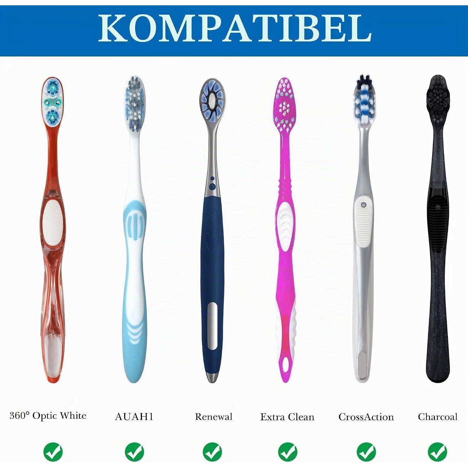 Kompatibilitätstabelle mit sechs Zahnbürstengriffeln mit den Bezeichnungen 360° Optic White, AUAH1, Renewal, Extra Clean, CrossAction und Charcoal unter der Überschrift 'KOMPATIBEL' mit Häkchen, die die Passung anzeigen.