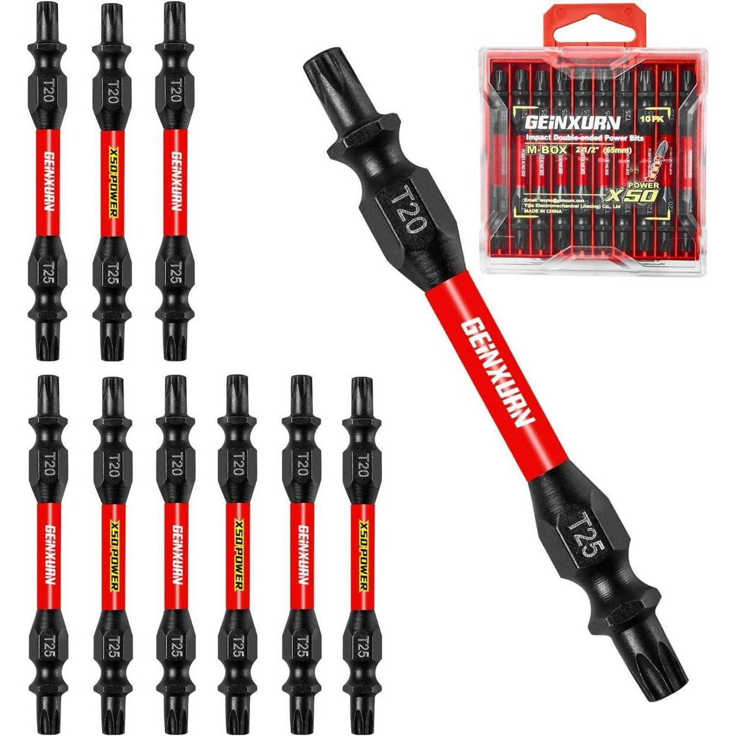 Produktbild von GENXUAN T20/T25 doppelseitige Torx-Schraubendreherbits, gezeigt in mehreren Größen und verpackt in einem roten Koffer.
