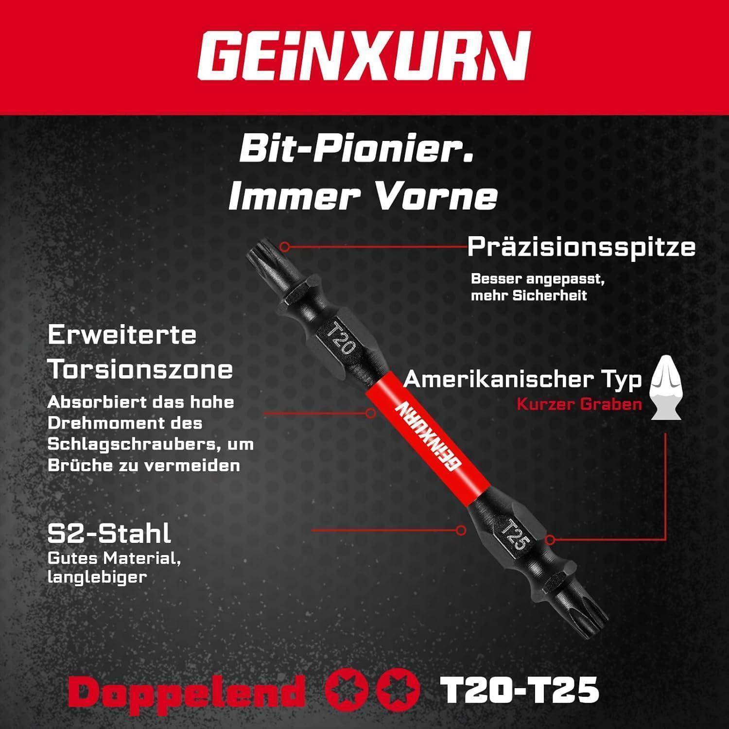 GEINXURN 10-teiliges T20/T25 Torx Schlagfest Doppelend Schraubendreher Bit Set, 65mm Tx 25 Tx20 Bitsatz, Magnetisch, aus S2-Stahl, mit