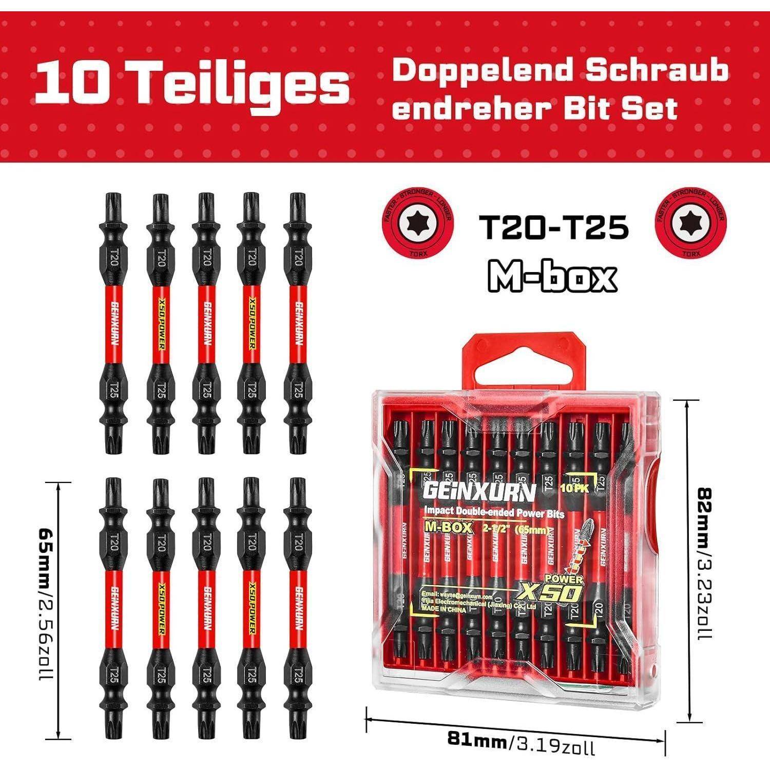 Produktbild eines 10-teiligen doppelseitigen Schraubendreher-Bit-Sets mit der Bezeichnung 