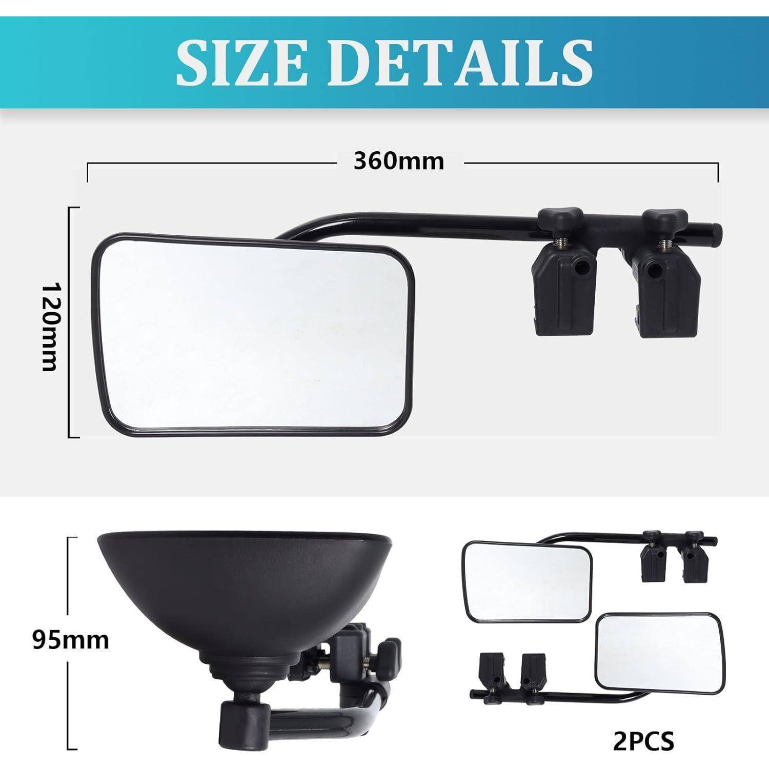 Größendetails von zwei Motorrad-Lenkerspiegeln: 360 mm breit, 120 mm hohes Spiegelbild, 95 mm Montagehöhe, dargestellt als 2er-Set.