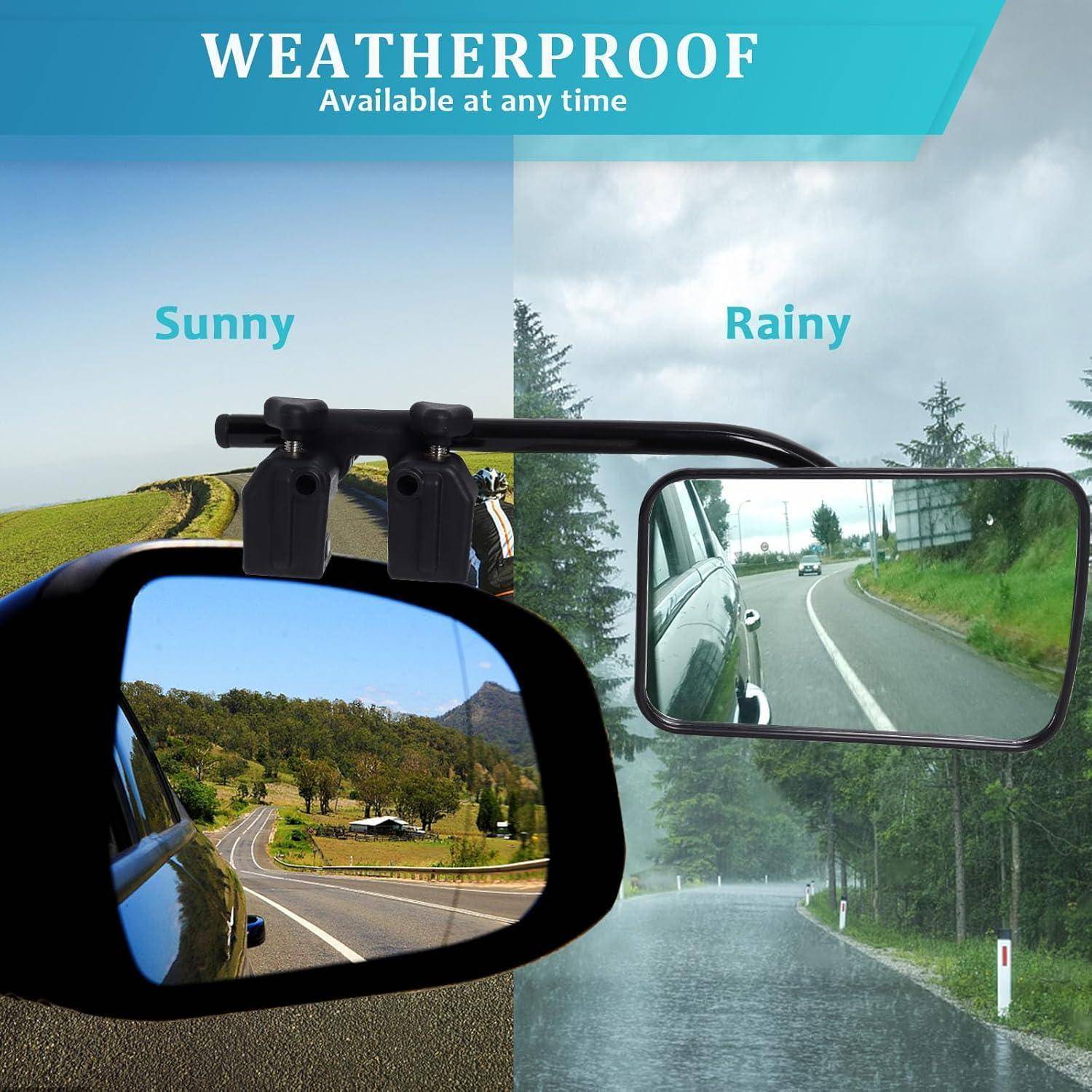 Außenspiegel mit aufclipbarer Regenschutzhaube, gezeigt unter sonnigen und regnerischen Fahrbedingungen, gekennzeichnet mit „WETTERBESTÄNDIG Jederzeit verfügbar