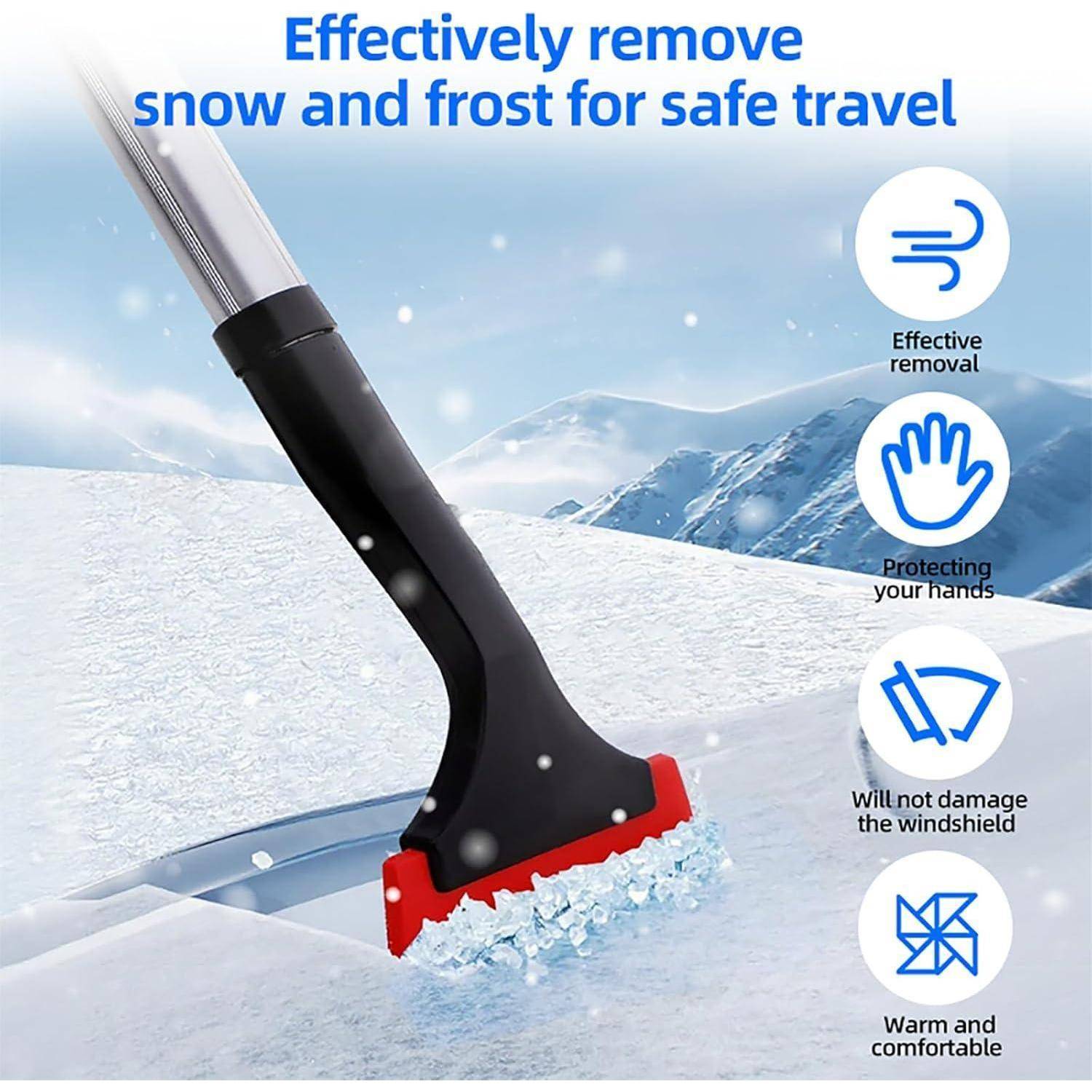 Schneebürste kratzt Eis und Schnee von der Autoscheibe ab, mit Text zur Förderung sicherer Fahrt und Funktionen: effektive Entfernung, Handschutz, scheibensicher, warm und komfortabel.