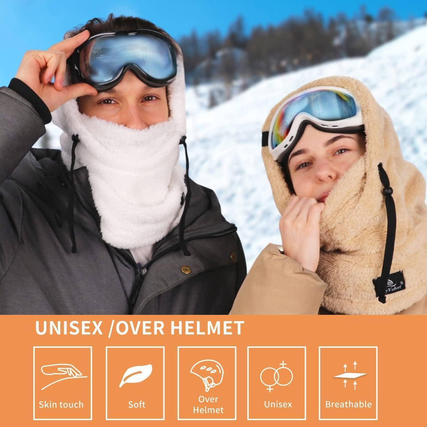 Zwei Personen in Winterkleidung mit Skibrillen und Gesichtsmasken; Banner liest „UNISEX / ÜBER HELM" mit Symbolen für Hautberührung, weich, über Helm, Unisex, atmungsaktiv.