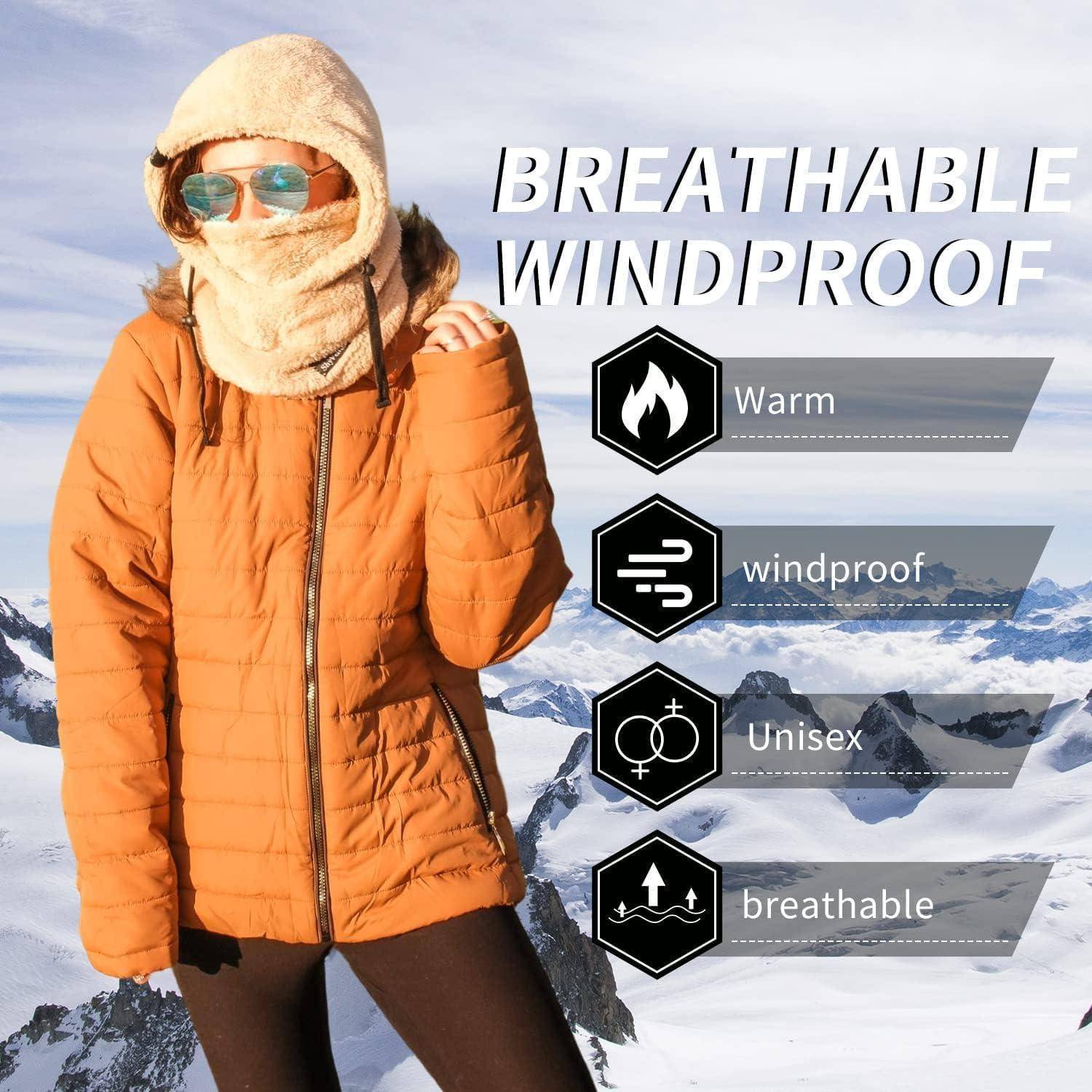 Person in oranger Winterjacke, Kapuze, Schal und Sonnenbrille in verschneiten Bergen, mit Text, der „ATMUNGSAKTIV WINDDICHT" bewirbt und Funktionen zeigt: warm, winddicht, unisex, atmungsaktiv.