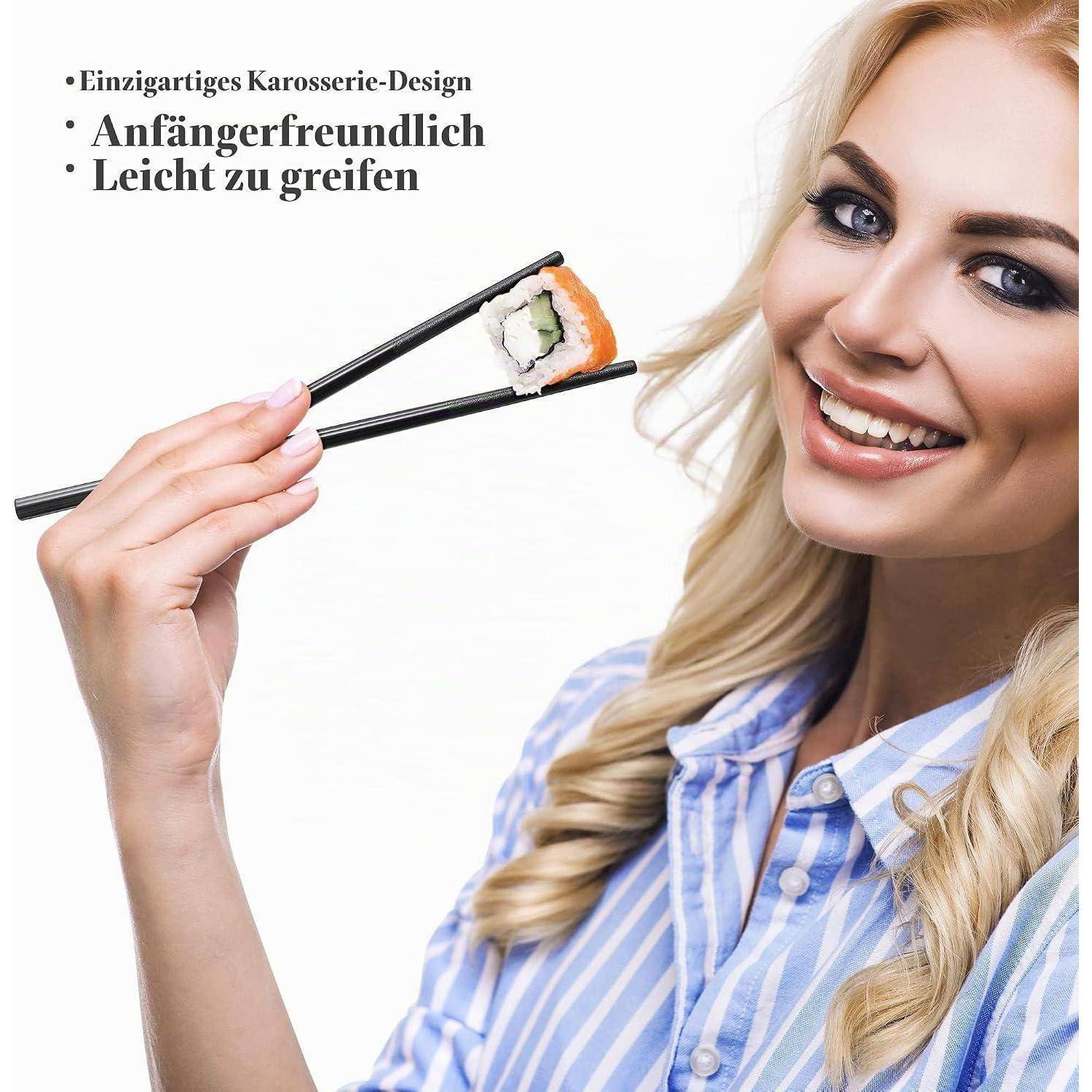Lächelnde Frau hält Sushi mit schwarzen Stäbchen; deutscher Text sagt „Einzigartiges Körperdesign", „Anfängerfreundlich"", „Leicht zu greifen"".