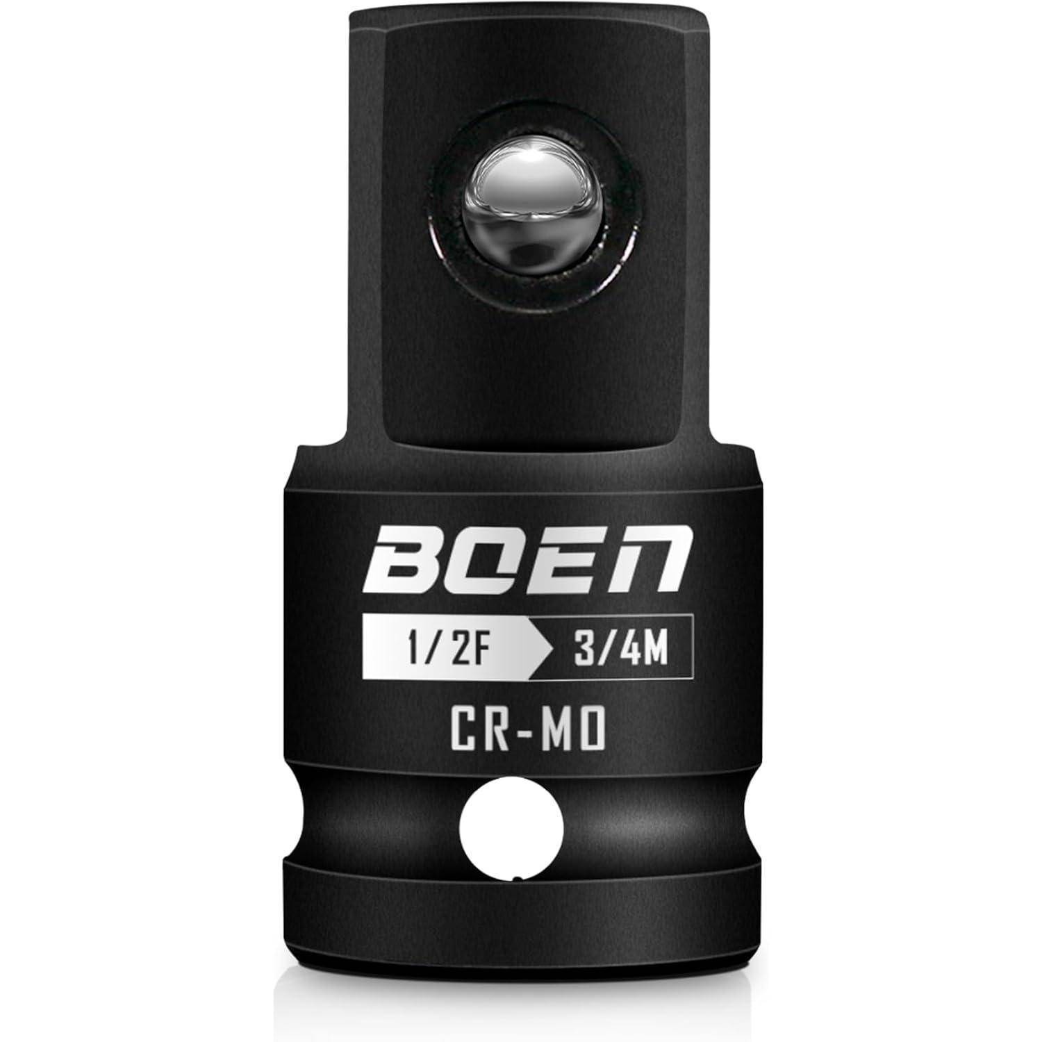 Schwarze BOEN Adapter-Steckdose von 1/2-Zoll auf 3/4-Zoll Antrieb, mit CR-MO-Beschriftung, vor weißem Hintergrund gezeigt.