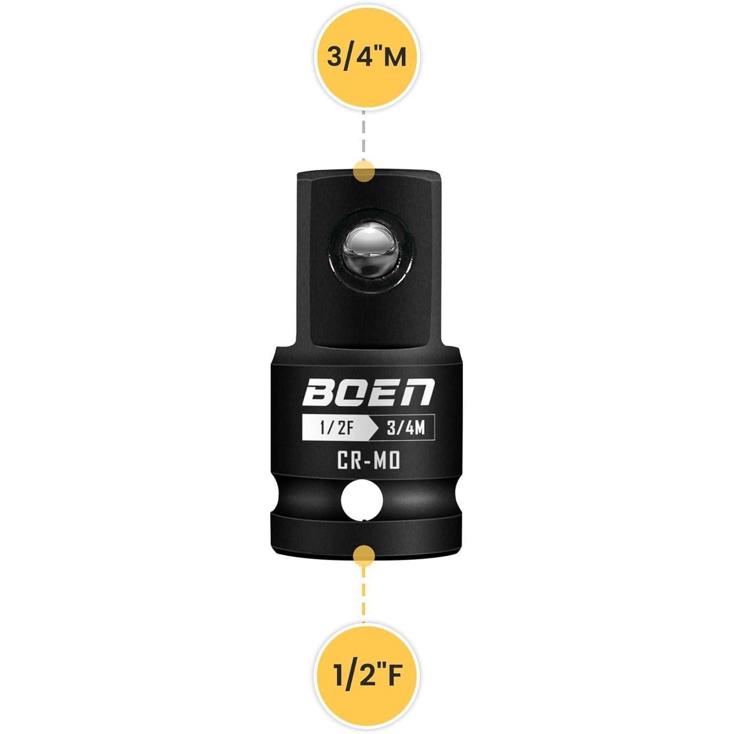 Schwarzer BOEN-Steckdosenadapter mit der Bezeichnung 3/4'M zu 1/2'F, zeigt ein männliches 3/4-Zoll-Antriebsoberteil und ein weibliches 1/2-Zoll-Antriebsunterteil.