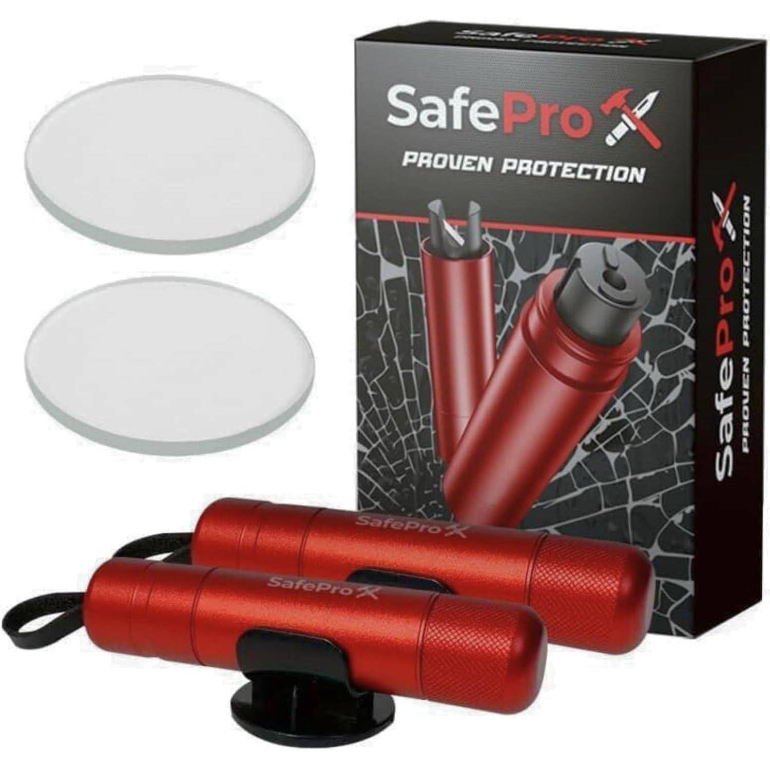 SafePro rotes Fensterbrecher- und Sicherheitsgurtschneider-Set mit zwei Austauschscheiben und Originalverpackung.