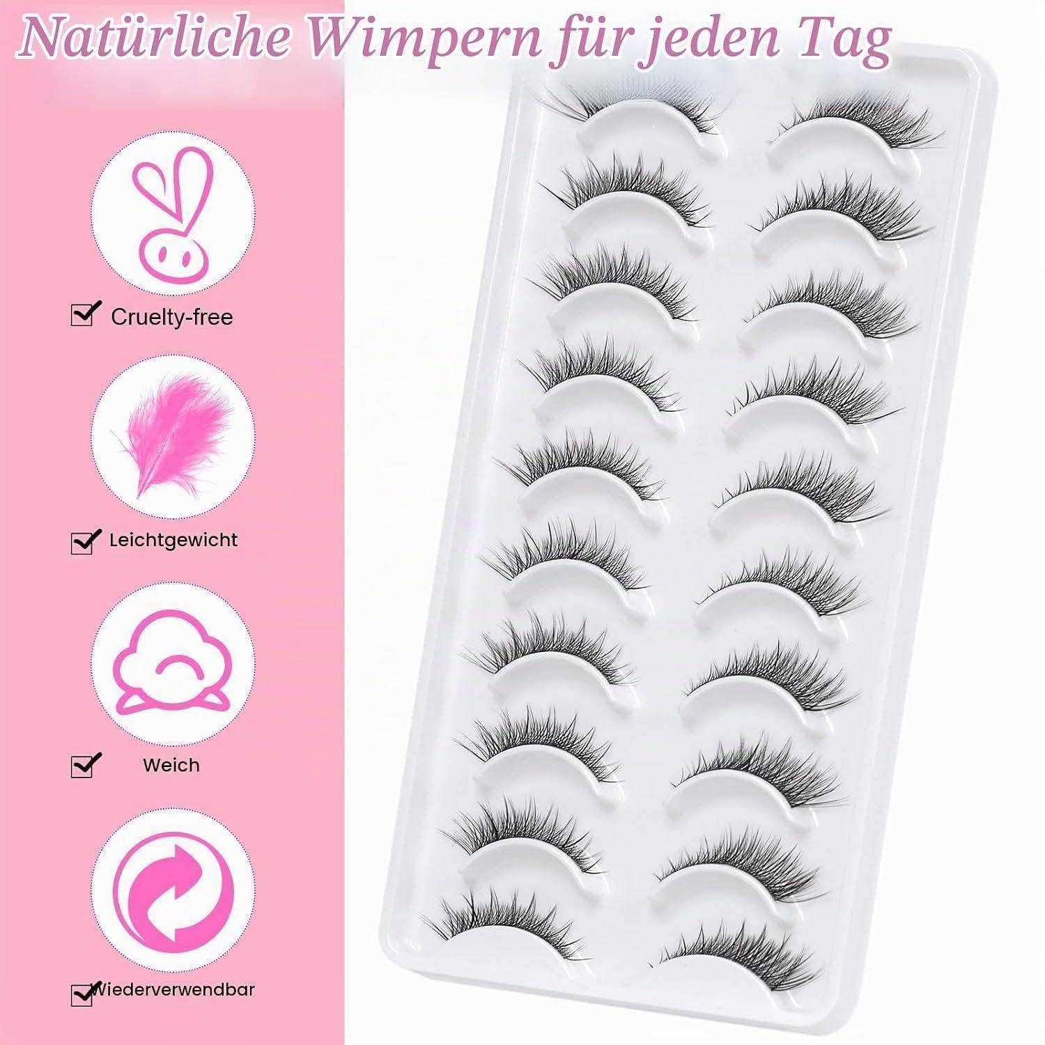 Produktbild von wiederverwendbaren künstlichen Wimpern in einem durchsichtigen Tablett, mit deutschem Text „Natürliche Wimpern für jeden Tag