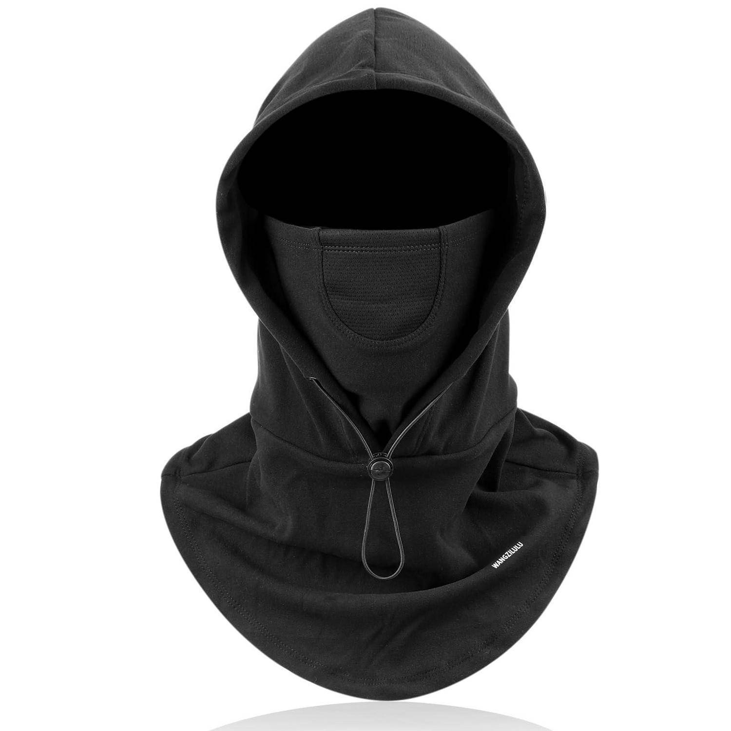 Schwarze Kopfbedeckung mit Kapuze und integriertem Nackenkleidchen und Frontalreißverschluss, gezeigt auf weißem Hintergrund.