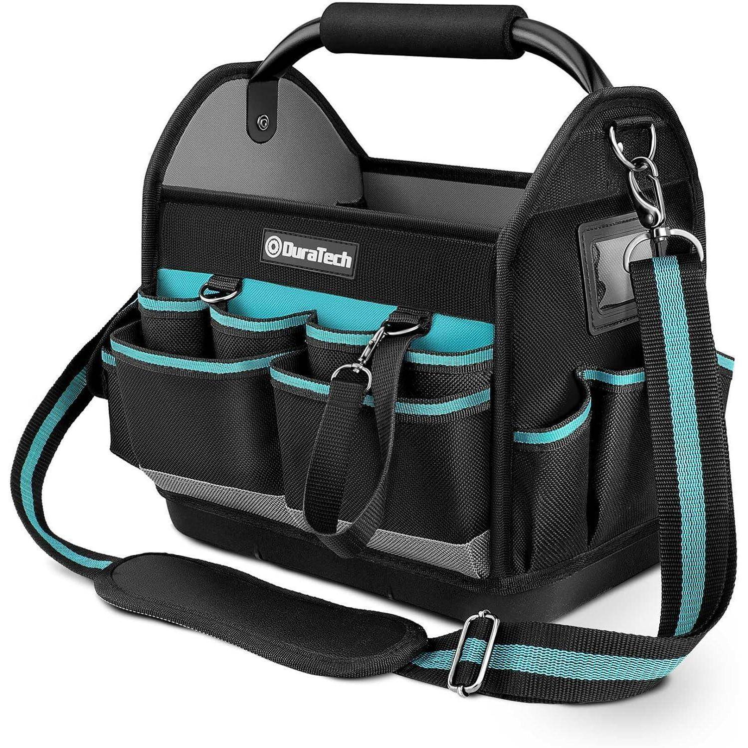 Schwarze und petrol-farbene DuraTech-Werkzeugtasche mit mehreren Außentaschen, gepolstertem Griff und verstellbarem Schultergurt auf weißem Hintergrund.