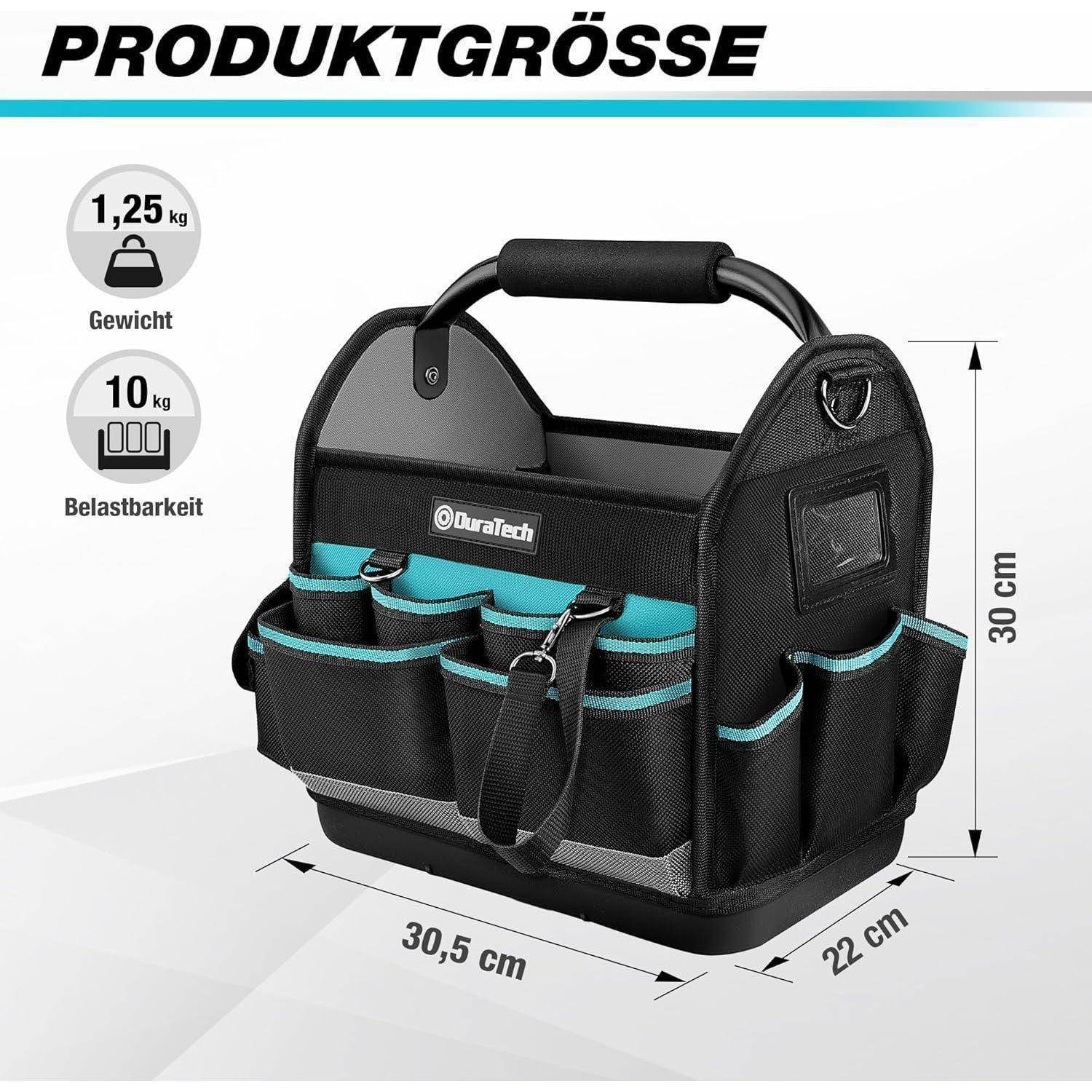 Produktgrößengrafik für eine DuraTech-Werkzeugtasche mit einem Gewicht von 1,25 kg, einer Tragfähigkeit von 10 kg und den Abmessungen 30,5 x 22 x 30 cm.