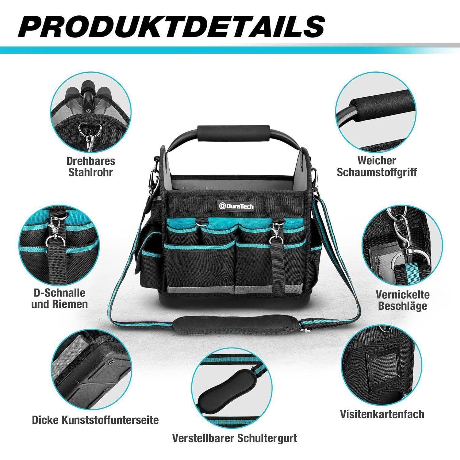 Produktdetailbild einer DuraTech-Werkzeugtasche mit gekennzeichneten Funktionen: drehbarer Stahlrohrgriff, weiches Schaumstoffpolster, verstellbarer Schultergurt, strapazierfähige Clips, Kunststoffboden und Visitenkartentasche.