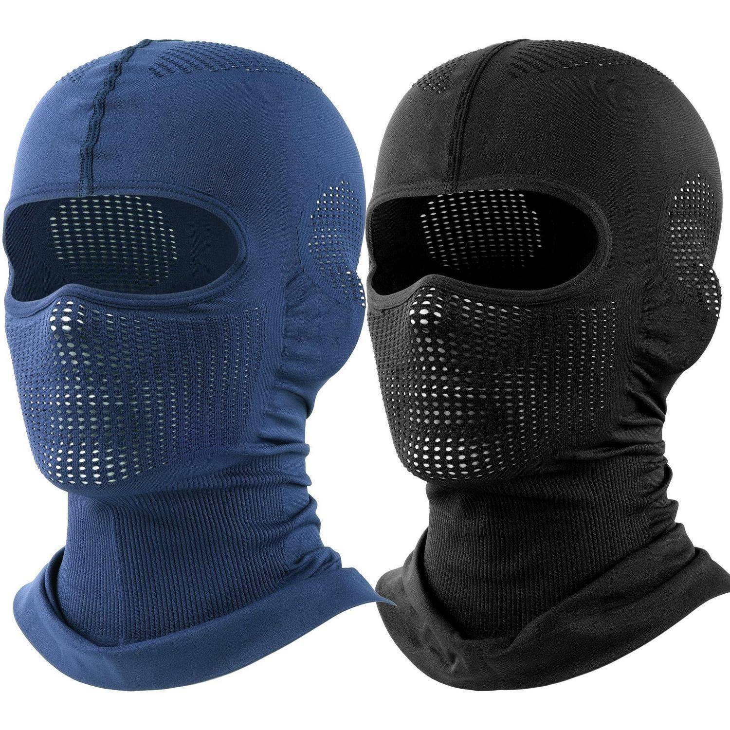 Zwei Sturmhauben mit vollständiger Gesichtsbedeckung, eine blau und eine schwarz, mit netzüberzogenen Augen- und Mundöffnungen für den Gesichtsschutz.
