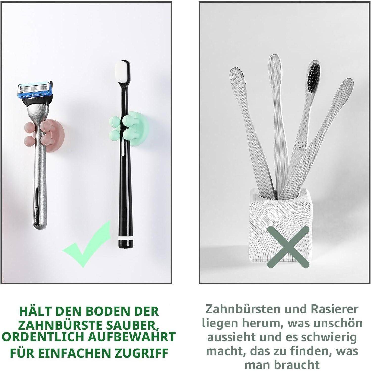 Illustration zeigt Rasierer und elektrische Zahnbürste aufrecht gelagert für einfachen Zugriff, mit einem grünen Häkchen, und Zahnbürsten/Lineale, die in einem Becher liegen, gekennzeichnet mit einem X.