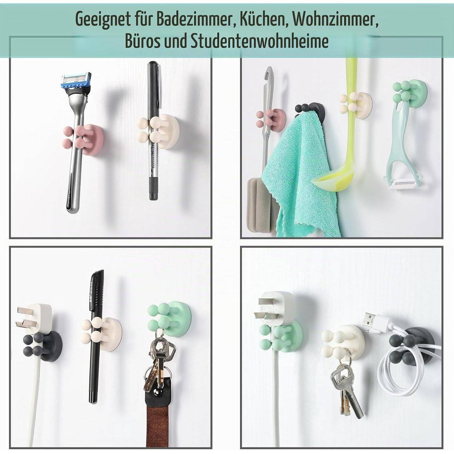 Wandmontierte handförmige Halter zum Greifen von Werkzeugen und Kabeln; Text besagt „Geeignet für Badezimmer, Küchen, Wohnzimmer, Büros und Studentenwohnheime