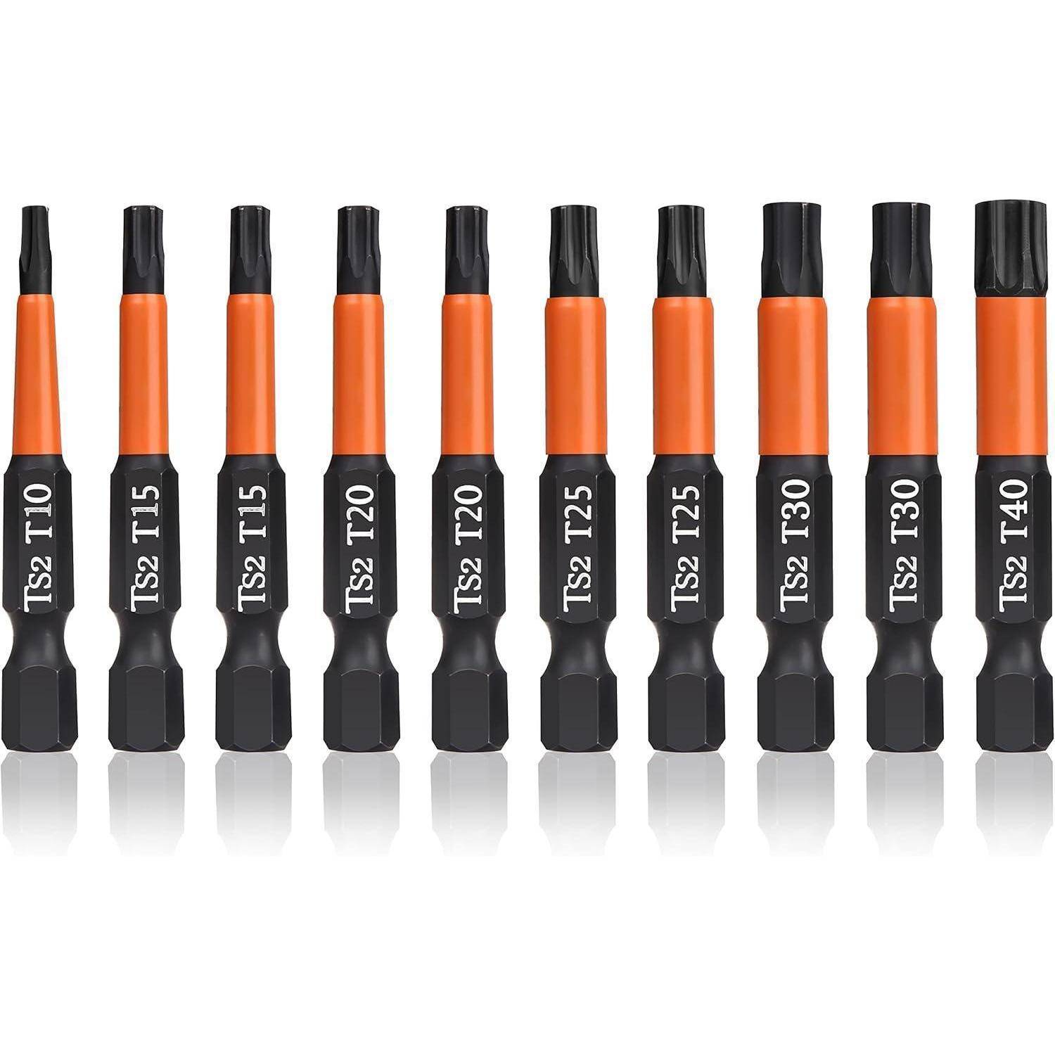 Satz von zehn orange-schwarzen Torx-Schraubendreherbits mit der Bezeichnung TS2 T10, T15, T15, T20, T20, T25, T25, T30, T30 und T40, aufrecht auf weißem Hintergrund stehend.