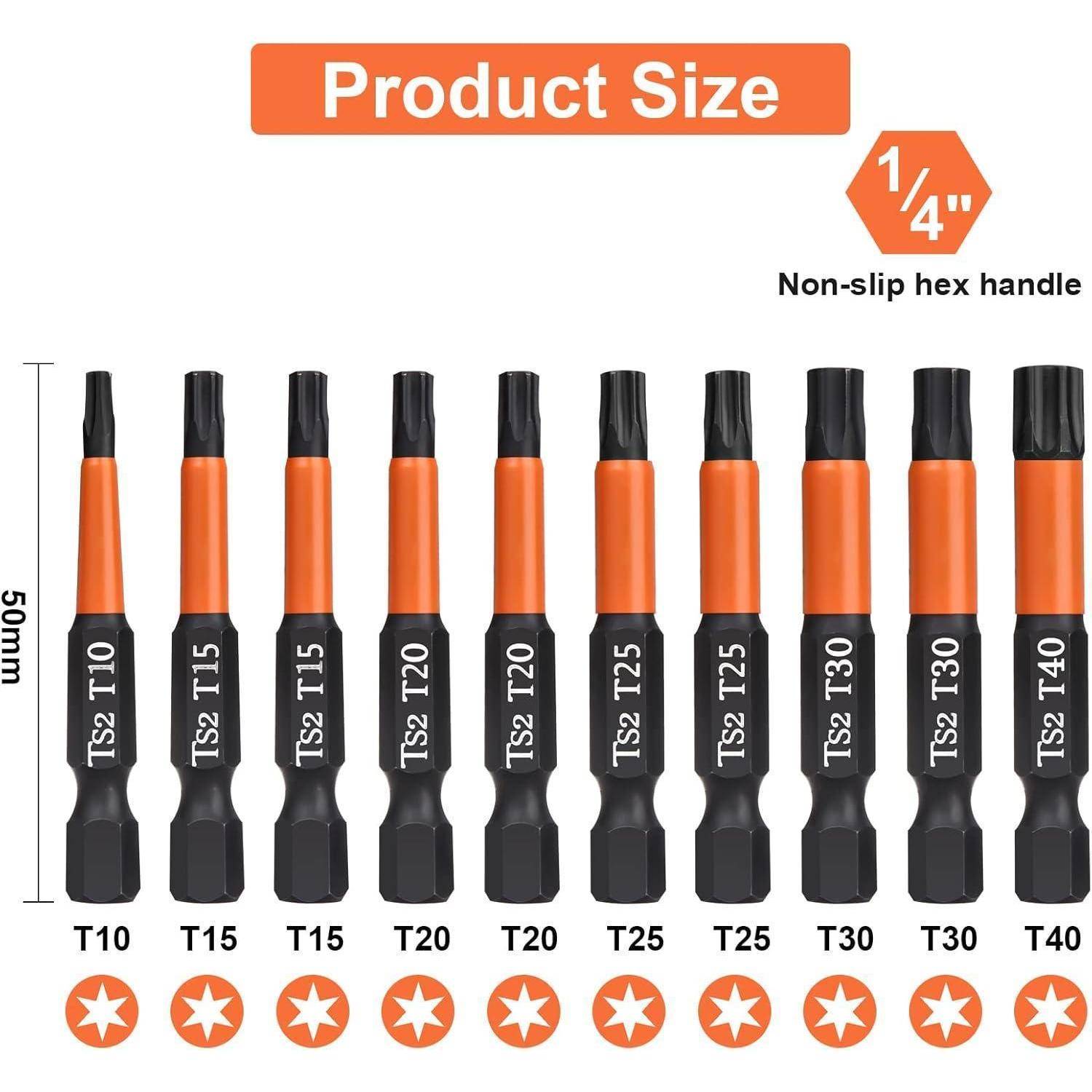 Größentabelle für Produkte, die 50 mm lange 1/4-Zoll-Torx-Schraubendreherbits mit rutschfestem Sechskantgriff zeigen, gekennzeichnet von T10 bis T40.