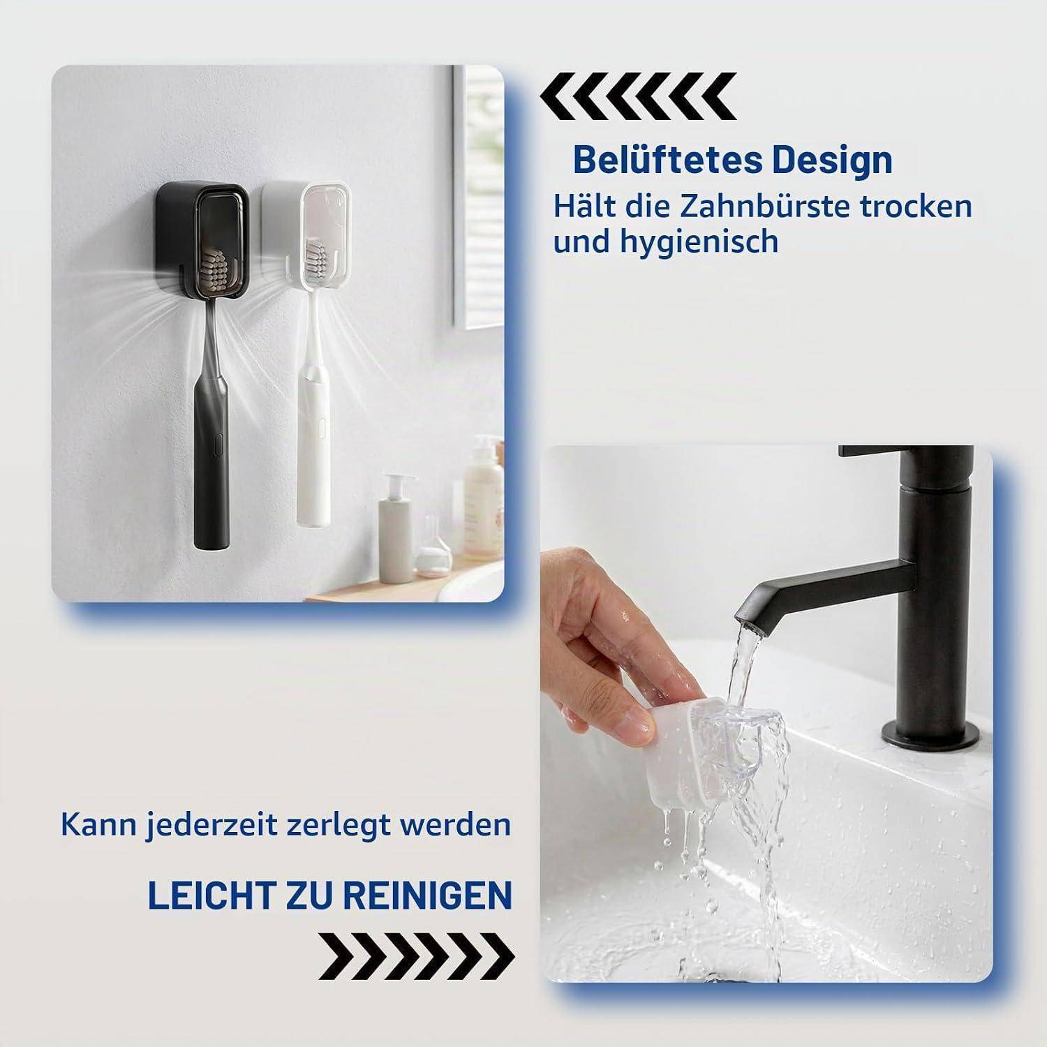 Wandmontierte Zahnbürstenhalter; der Text besagt, dass das belüftete Design die Zahnbürste trocken und hygienisch hält, jederzeit zerlegbar ist und leicht zu reinigen ist.