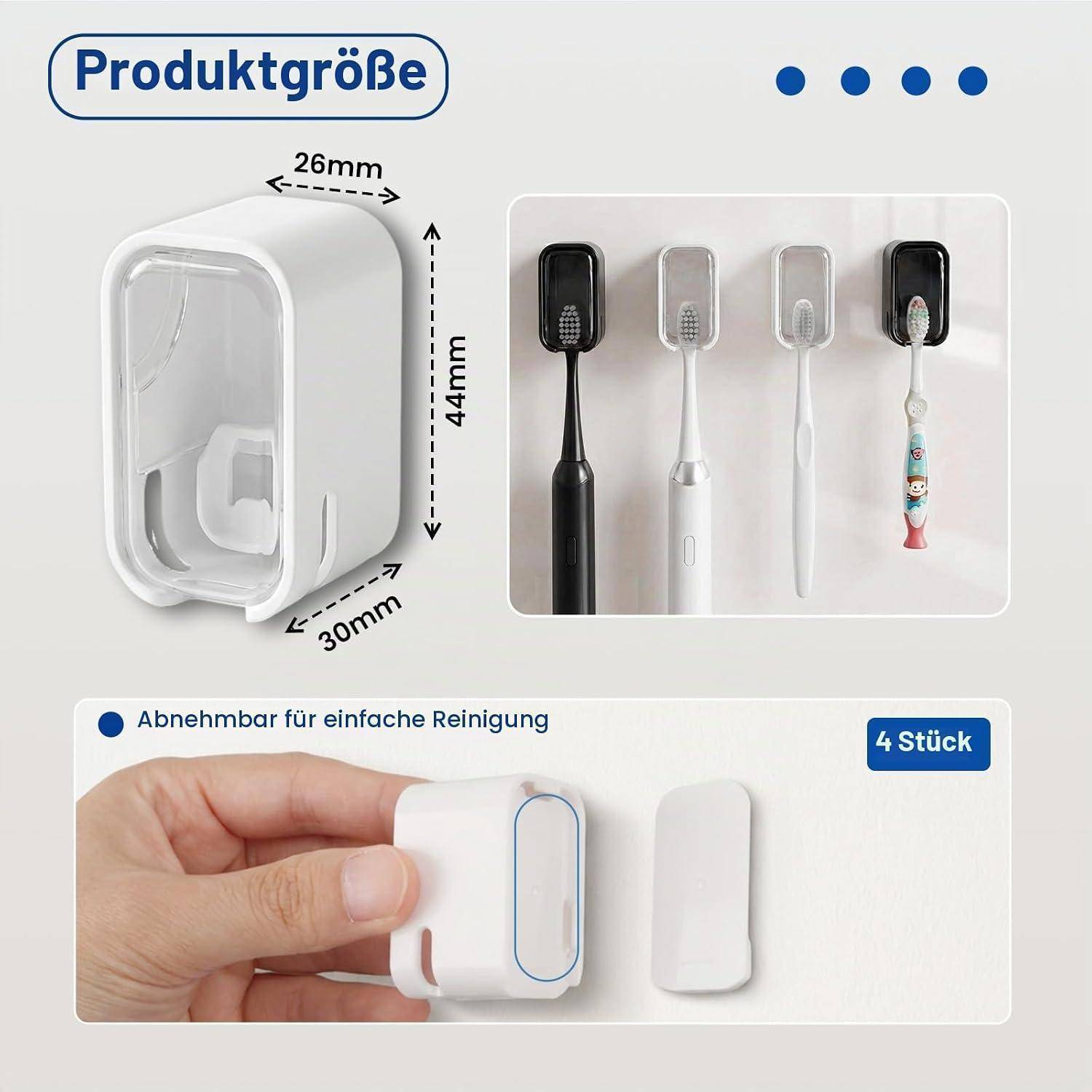 Produktgrößendiagramm für Zahnbürstenhalter mit einem weißen wandmontierten Behälter, 26 mm x 44 mm x 30 mm, und vier Zahnbürsten. Hernehmbar zur einfachen Reinigung.