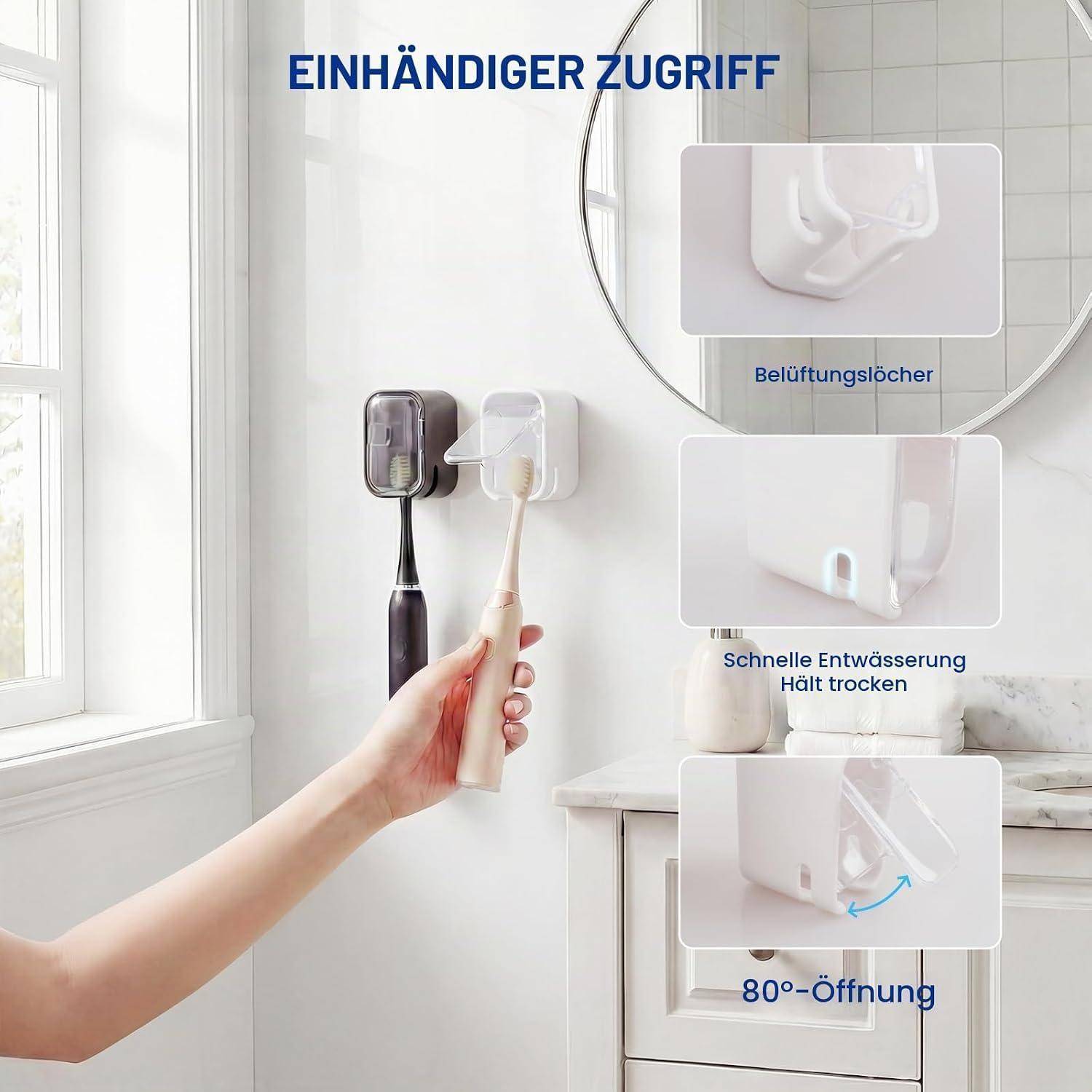 Hand hält eine wandmontierte Toilettenbürste im Badezimmer; Beschriftungen zeigen einhändigen Zugriff, Belüftungslöcher, schnelle Entwässerung und 80° Öffnung.