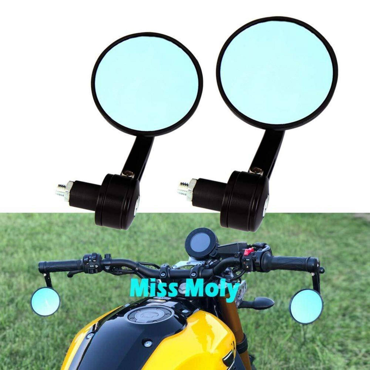 Motorradlenkerrspiegel, gezeigt als große runde Spiegel oben und auf einem Motorrad mit kleinen blauen Endstückspiegeln unten montiert.