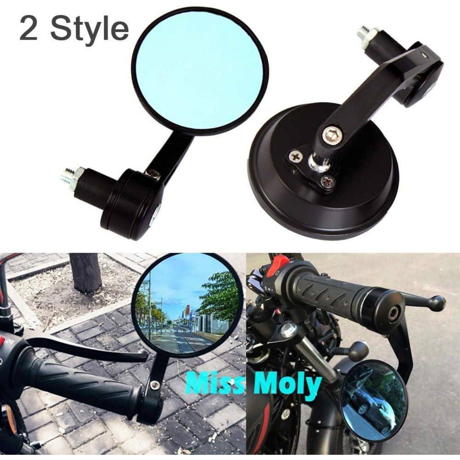 Motorradlenkererspiegel im Zwei-Stil-Design mit rundem blaugetöntem Glas, montiert auf Motorrädern und eine Nahaufnahme der Rückansicht