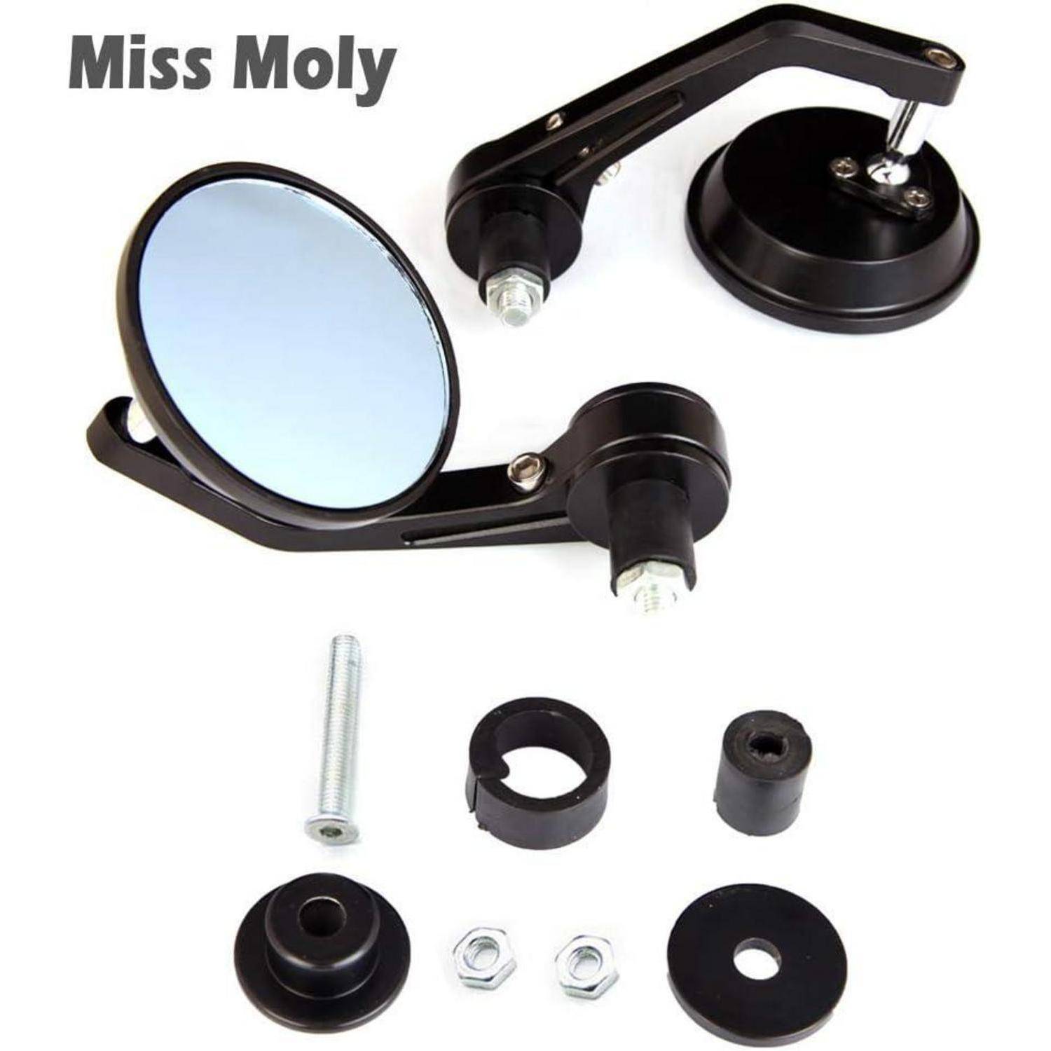 Produktfoto eines Paares schwarzer Motorrad-Rückspiegel mit rundem reflektierendem Glas, plus Montagezubehör und Abstandshalter, mit der Beschriftung „Miss Moly