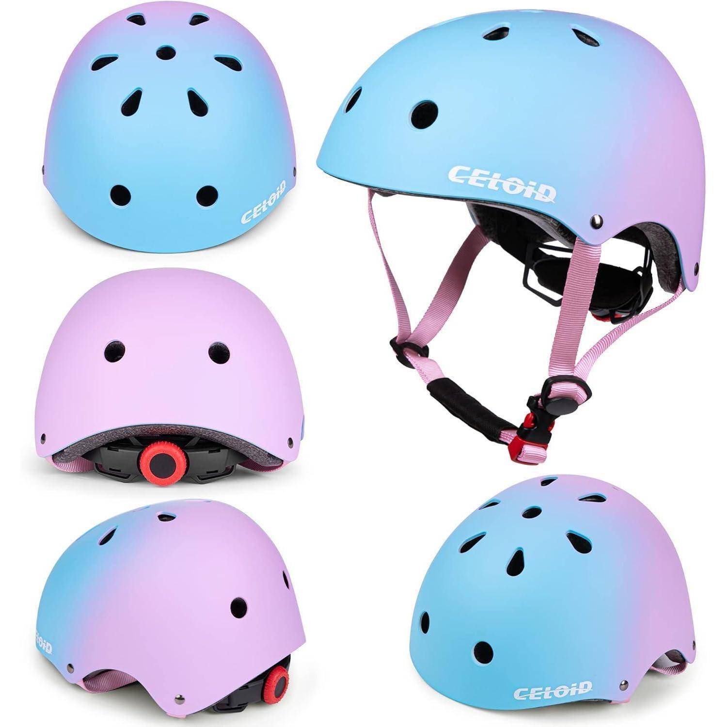 Collage eines pastellblauen und rosa CTEOHID-Fahrradhelms aus mehreren Winkeln dargestellt, mit Belüftungslöchern, Kinnriemen und Verstellrad hinten.