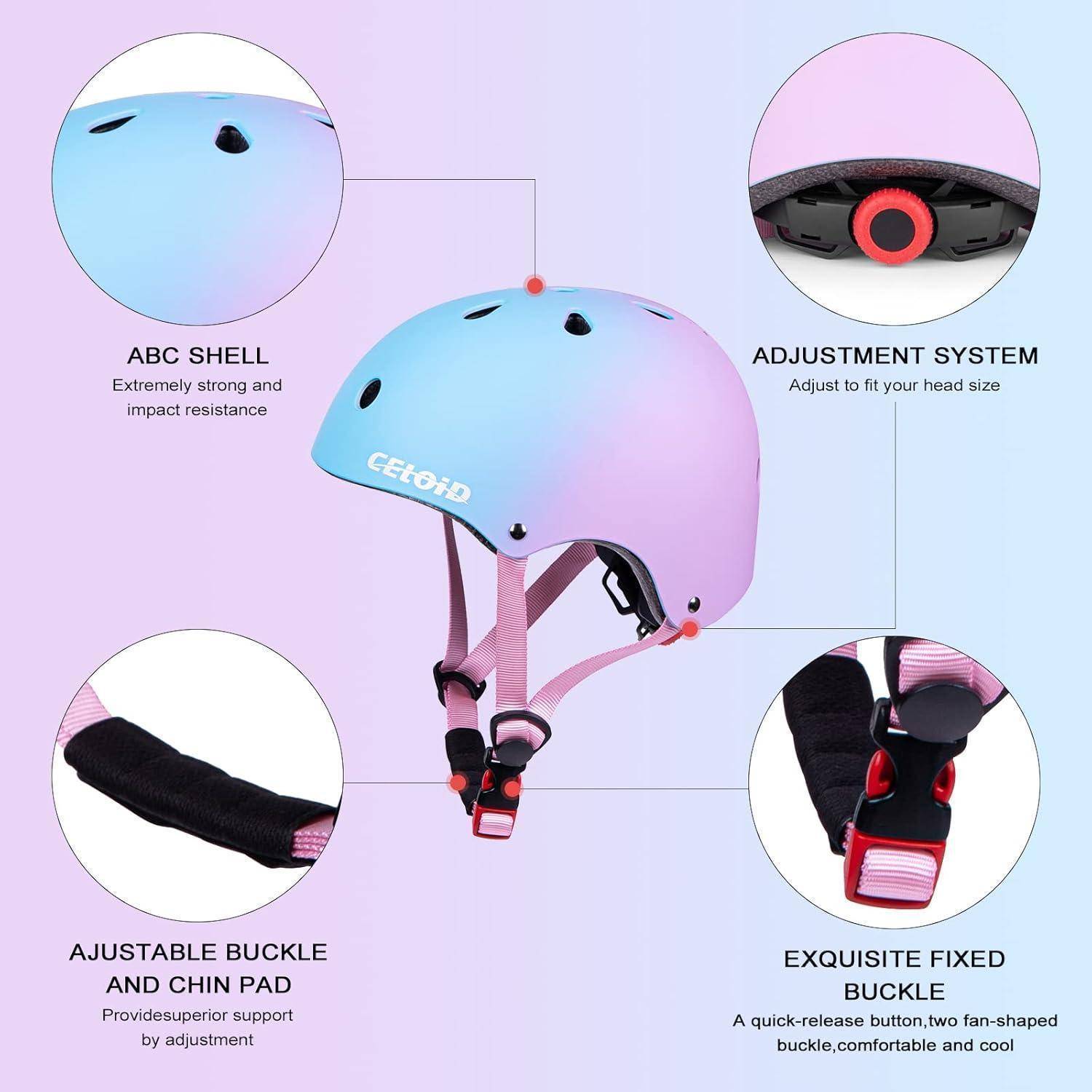 Illustrierter Fahrradhelm mit blau-rosa Farbverlauf, beschriftete Callouts heben die ABC-Schale mit Stoßfestigkeit, das verstellbare Kopfgrößensystem und die feststehende Schnalle mit Kinnpolster hervor.