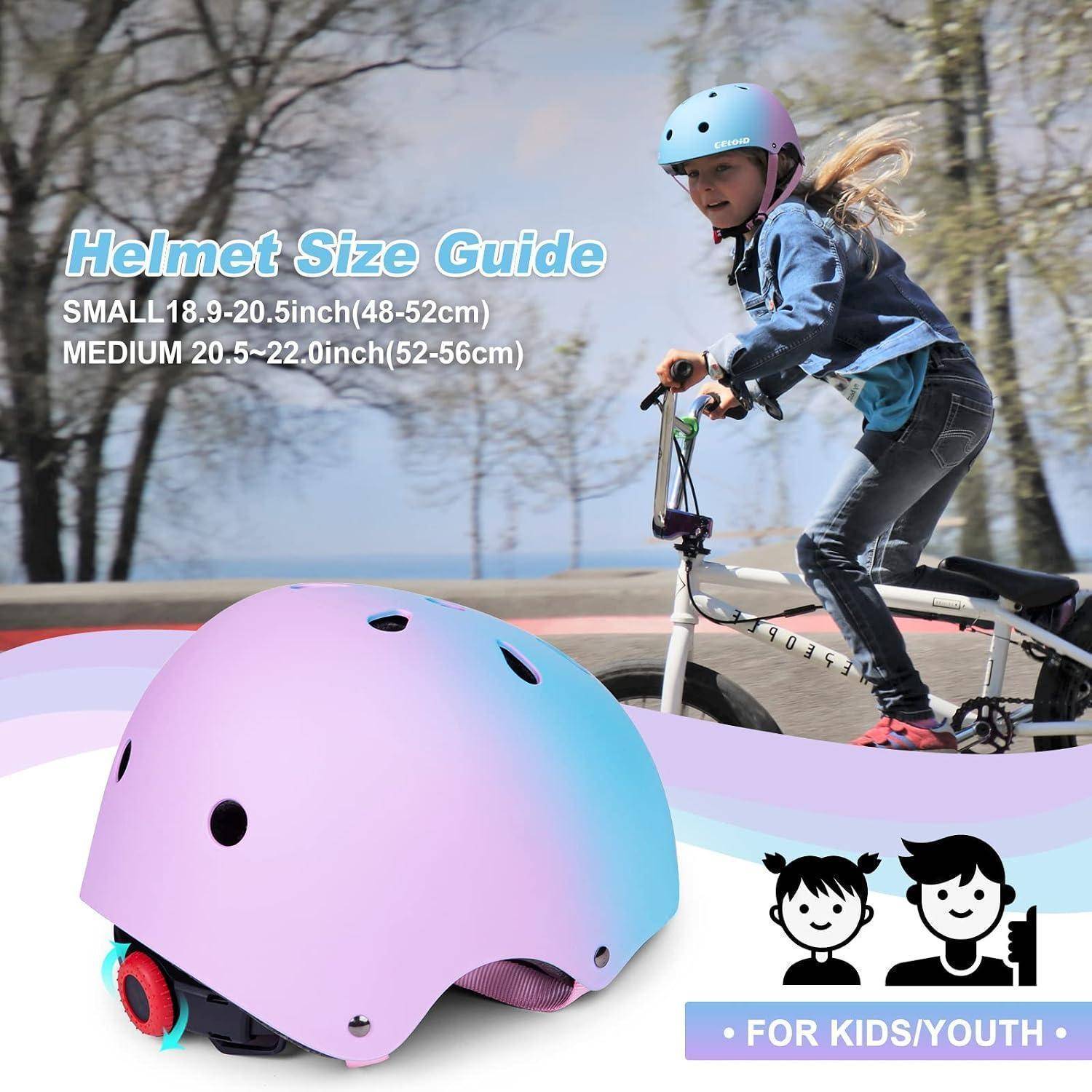 Größenleitfaden für Fahrradhelme mit SMALL 18,9-20,5 Zoll (48-52 cm) und MEDIUM 20,5-22,0 Zoll (52-56 cm), mit einem Kind, das einen Helm trägt, und einem Bild eines rosa Jugendhelm-Produkts.