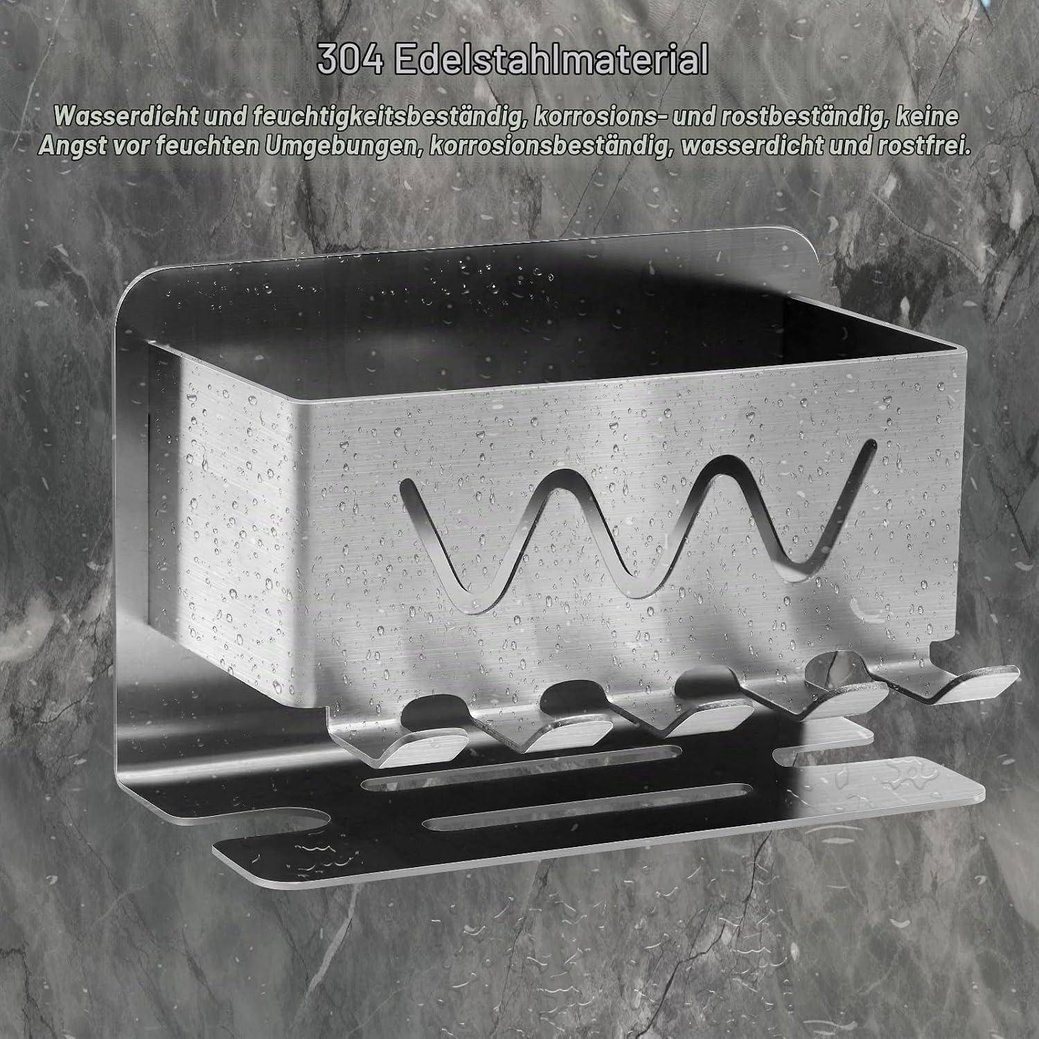 Wandmontierter Edelstahllagerbehälter mit Drainageschlitzen; deutscher Text hebt 304er rostfreies, wasserdichtes, korrosionsbeständiges Material hervor.