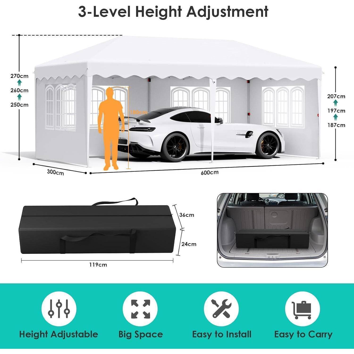 Produktgrafik mit einem höhenverstellbaren Autopavillon mit 3-stufiger Höhenverstellung, großem Innenraum, einfacher Montage und tragbarem Aufbewahrungskoffer.