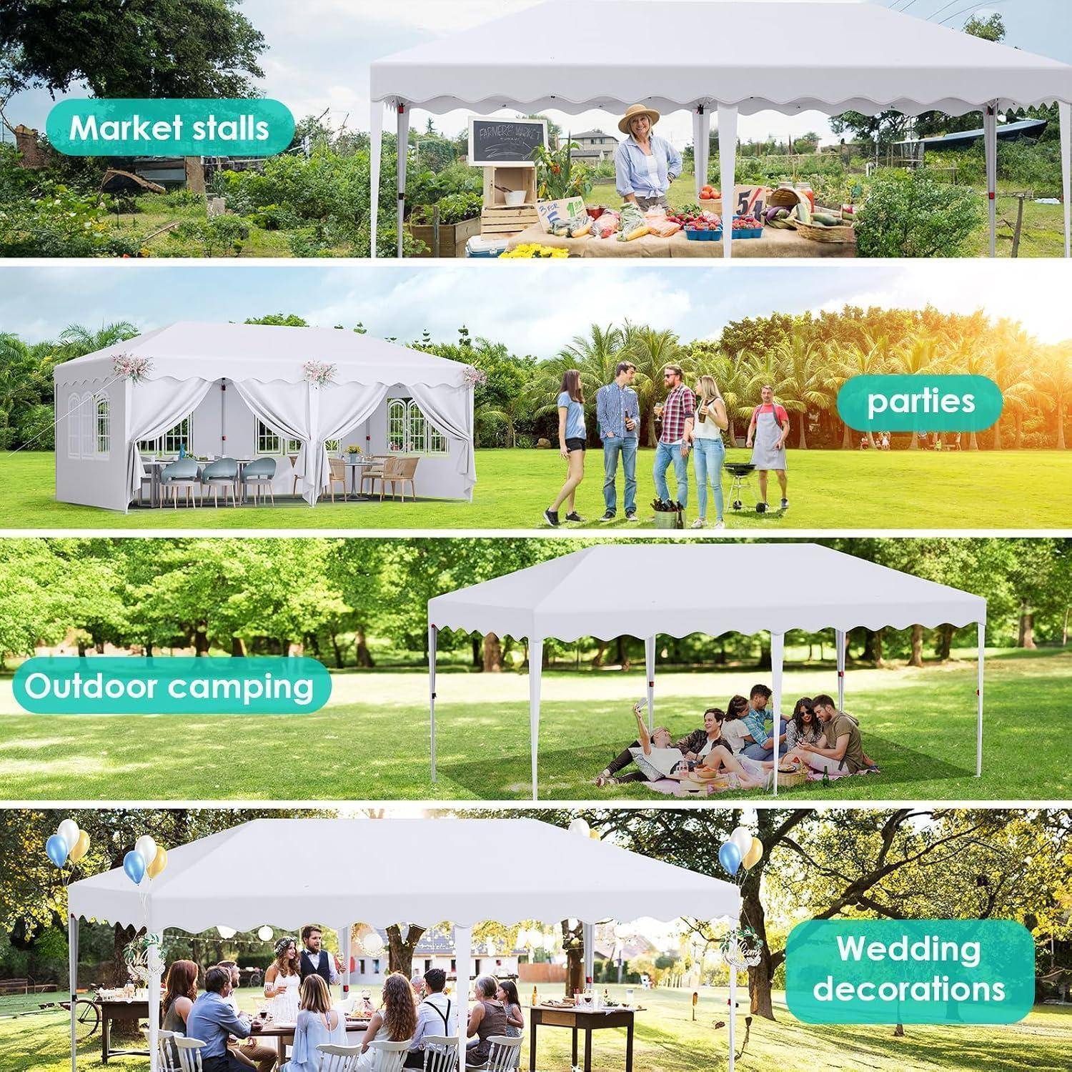 Collage von weißen Eventzelten für Marktstände, Partys, Outdoor-Camping und Hochzeitsdekoration in Außenbereichen.