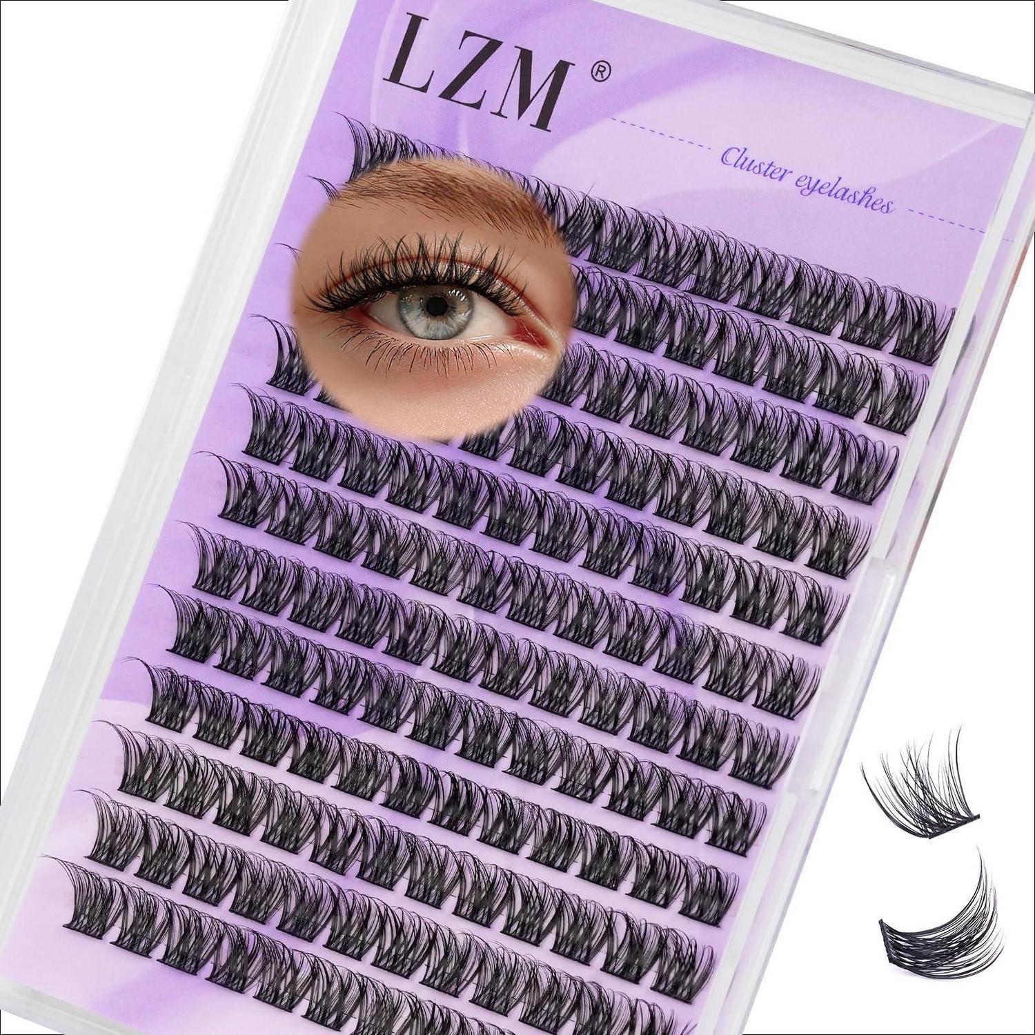 Packung mit LZM-Cluster-Wimpern mit mehreren Reihen von künstlichen Wimpernstreifen und einem Auge auf der Verpackung.