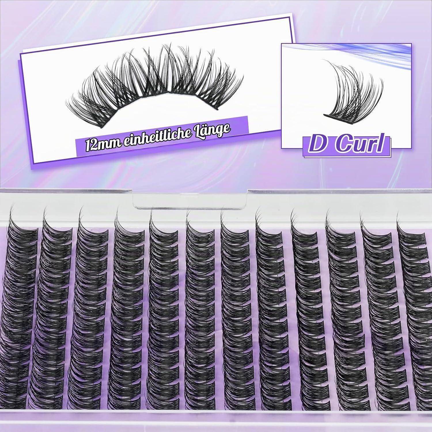 Produktabbildung von künstlichen Wimpern, die einen 12 mm langen D-Curl mit einheitlicher Länge zeigt, mit mehreren Wimpernstreifen darunter angezeigt.