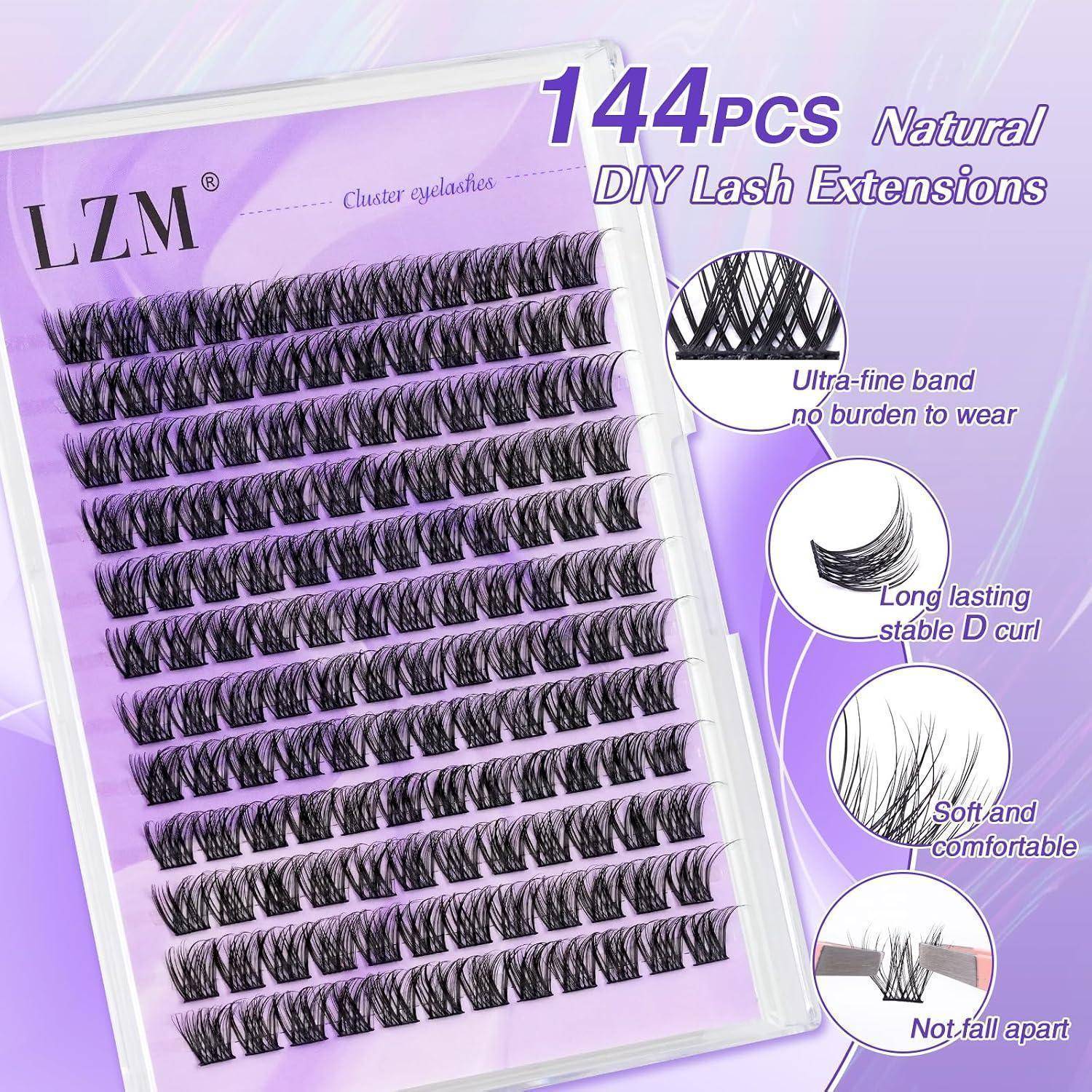 Produktanzeige mit LZM 144er-Set natürlichen DIY-Wimpernverlängerungen in einem Tablett, mit Angaben zu ultrafeinem Band, langlebiger D-Locke und weichem, angenehmem Tragekomfort.