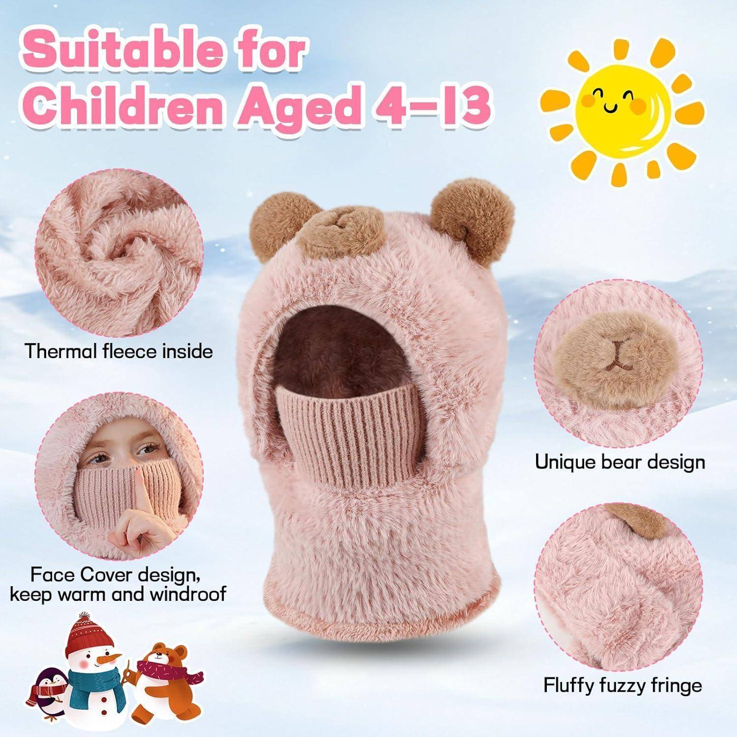 Rosa Bärenschuhe Winter-Balaclava für Kinder im Alter von 4-13 Jahren, mit Thermofleece, Gesichtsschutz und flauschigem, fluffigem Rand; dargestellt mit Funktionshinweisen.