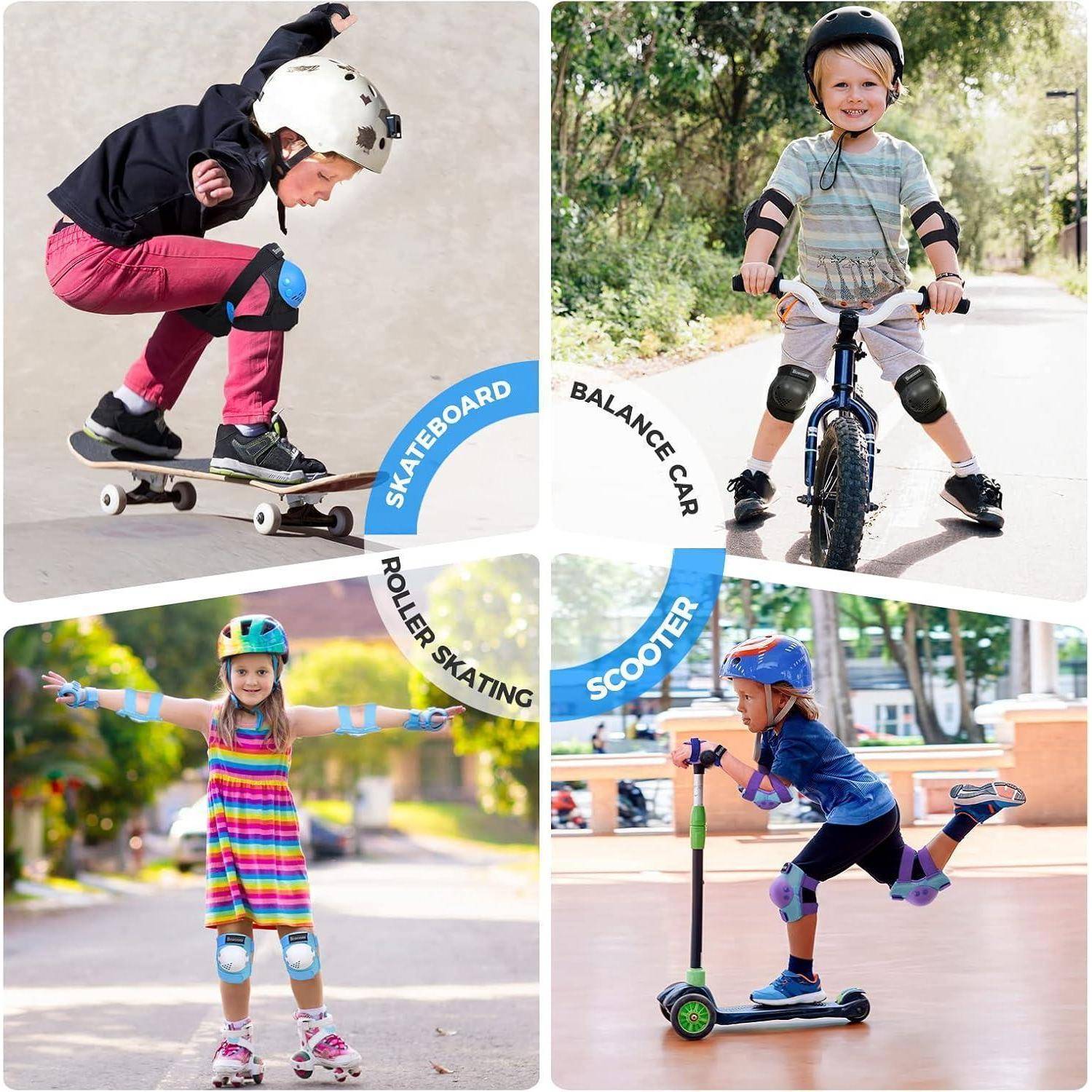 Vier Kinder mit Helmen und Schutzausrüstung fahren auf einem Skateboard, einem Laufrad, Rollschuhen und einem Roller in einer vierteiligen Collage.