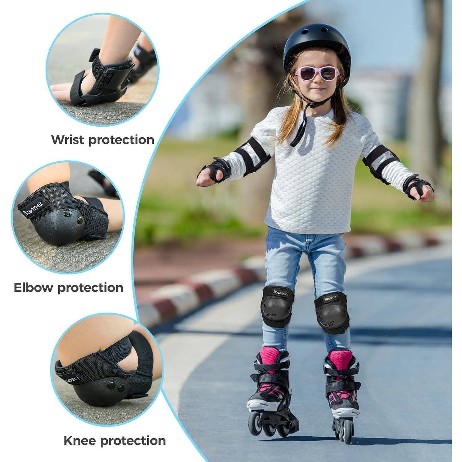 Kind mit Helm, Sonnenbrille und Polstern fährt auf Inlineskates; Seitenansichten zeigen Beschriftungen für Handgelenk-, Ellbogen- und Knieschutz.