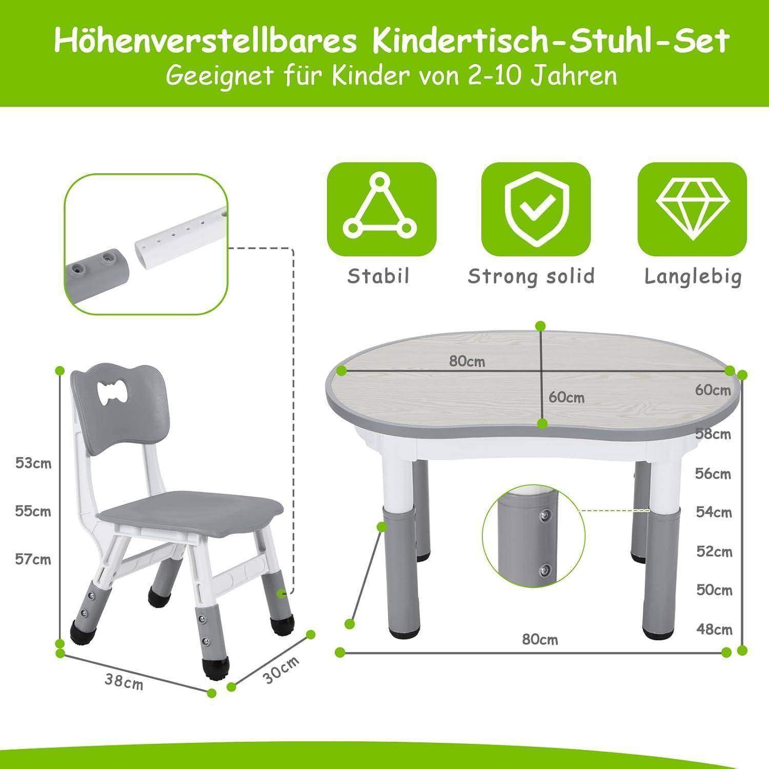 Infografik eines höhenverstellbaren Kindertisch- und Stuhls für Kinder im Alter von 2-10 Jahren mit einem Stuhl und Tisch mit Abmessungen und Funktionssymbolen: stabil, stark, solide, langlebig.