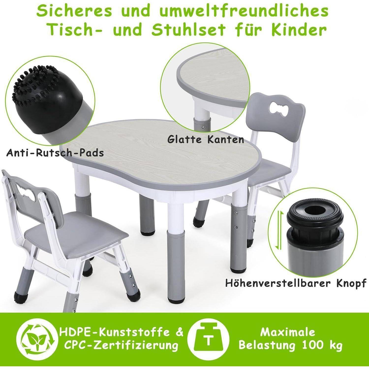 Kindertisch- und Stuhl-Set mit Antirutschpads, glatten Kanten und verstellbarer Höhe; HDPE, CPC-zertifiziert, maximale Belastung 100 kg.