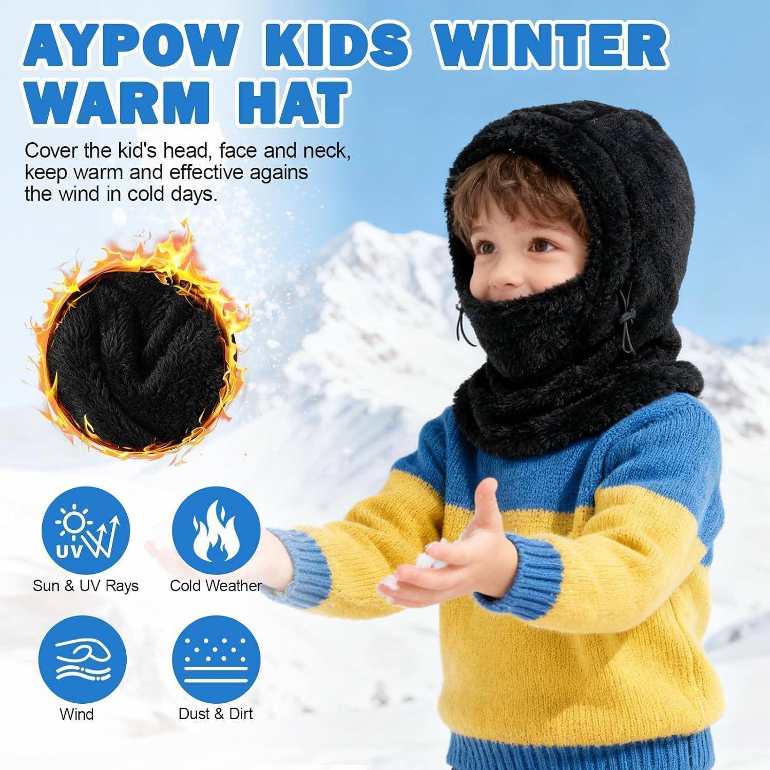 Werbung für 'AYPOW KIDS WINTER WARM HAT' mit einem Kind, das eine schwarze Wintermütze mit Kopfbedeckung trägt, sowie Icons für UV-Strahlen-, Kältewetter-, Wind- und Staub-/Schmutzschutz.