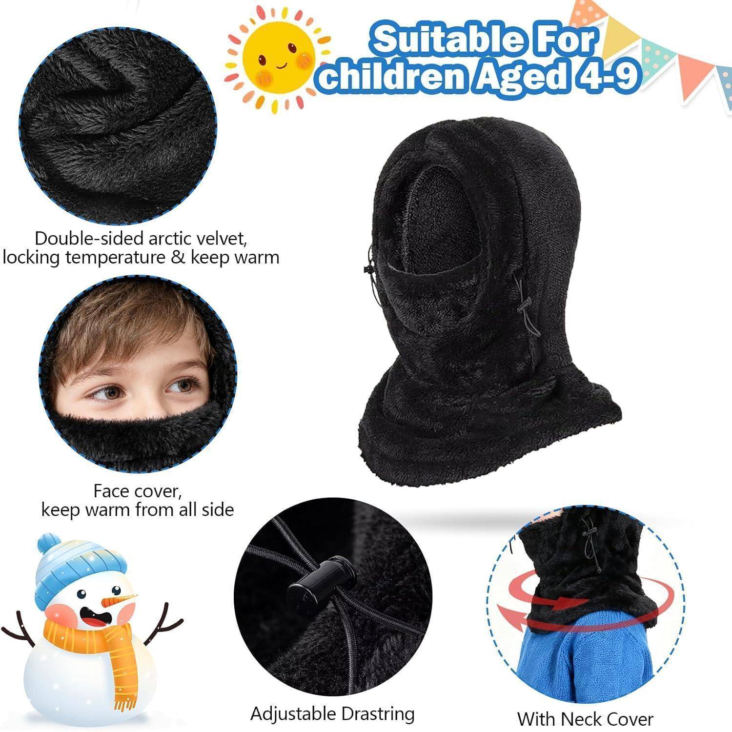 Produktbild einer schwarzen Arktis-Samtmütze für Kinder im Alter von 4-9 Jahren, die Gesichtsschutz, verstellbare Zugschnur und Nackenabdeckung zur Wärmung zeigt.