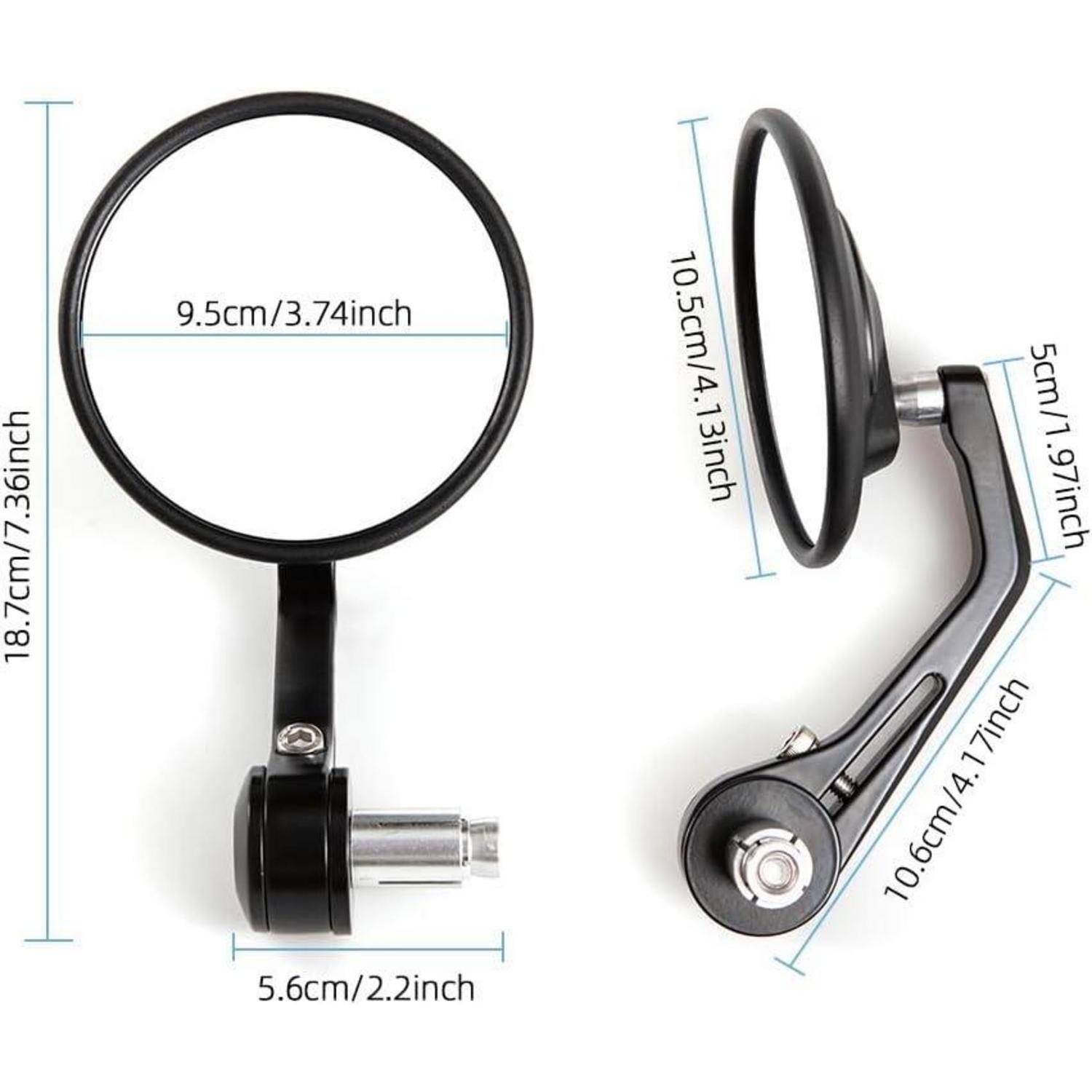 Maßstabzeichnung eines schwarzen runden Spiegels für Lenkergriffe, mit Vorder- und Seitenansicht mit Abmessungen in cm und Zoll.