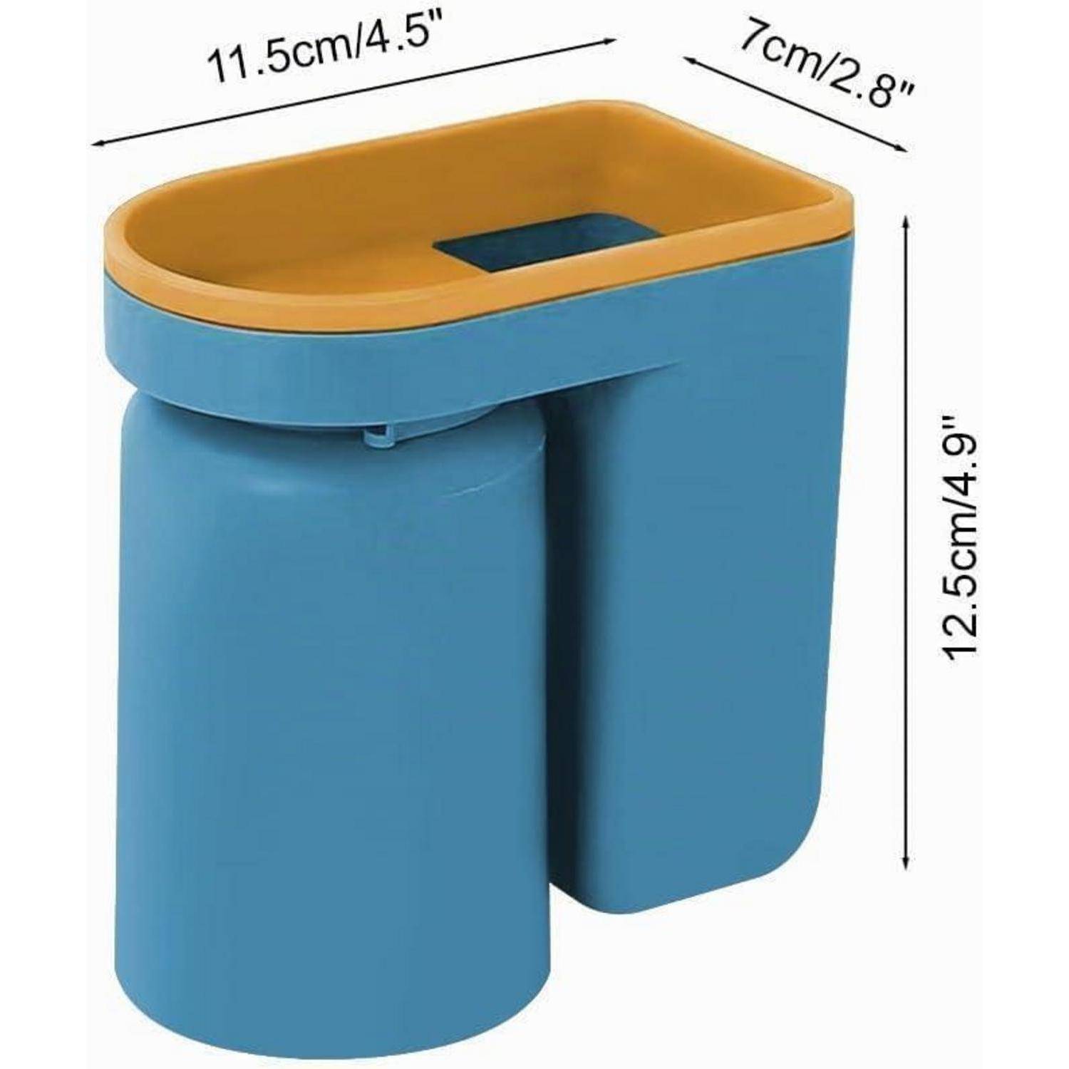 Blauer und gelber Kunststoff-Schreibtischorganizer mit einem zylindrischen Fach an der Vorderseite, mit den Maßen 11,5 cm breit, 7 cm tief und 12,5 cm hoch.