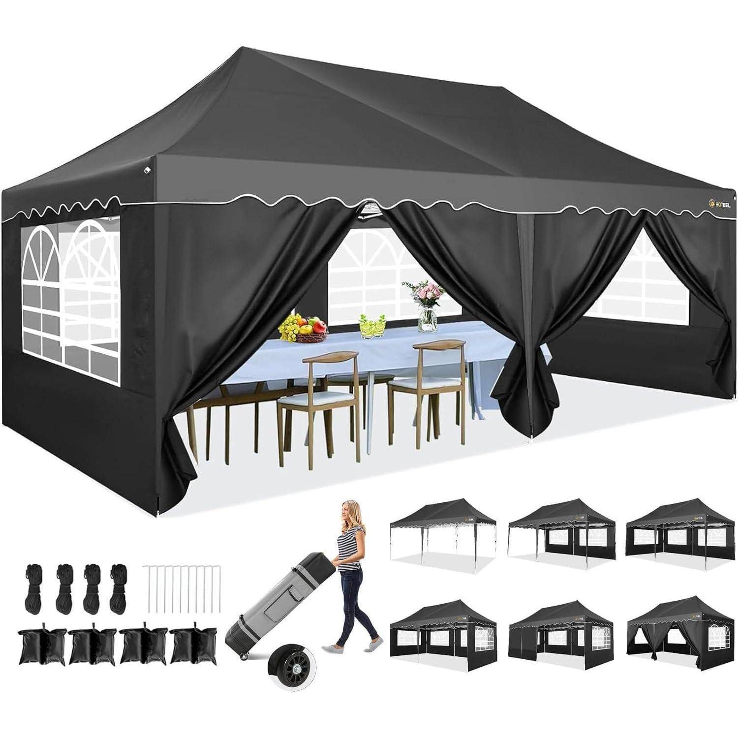 Schwarzes Pop-up-Partyzelt mit Seitenfenstern, offenen vorderen Vorhängen, Tisch und Stühlen im Inneren, plus Tragetasche, Heringe und Aufbauansichten