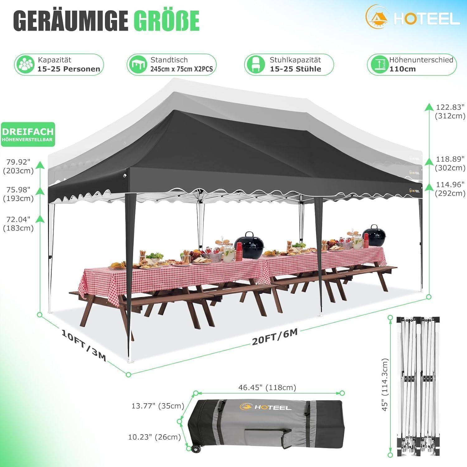 Produktdiagramm eines schwarzen Pop-Up-Pavillon-Zeltes mit verstellbarer Höhe, zeigt Kapazität für 15-25 Personen, Größe 20 ft x 6 m, sowie Maße der Tragetasche und des gefalteten Rahmens.