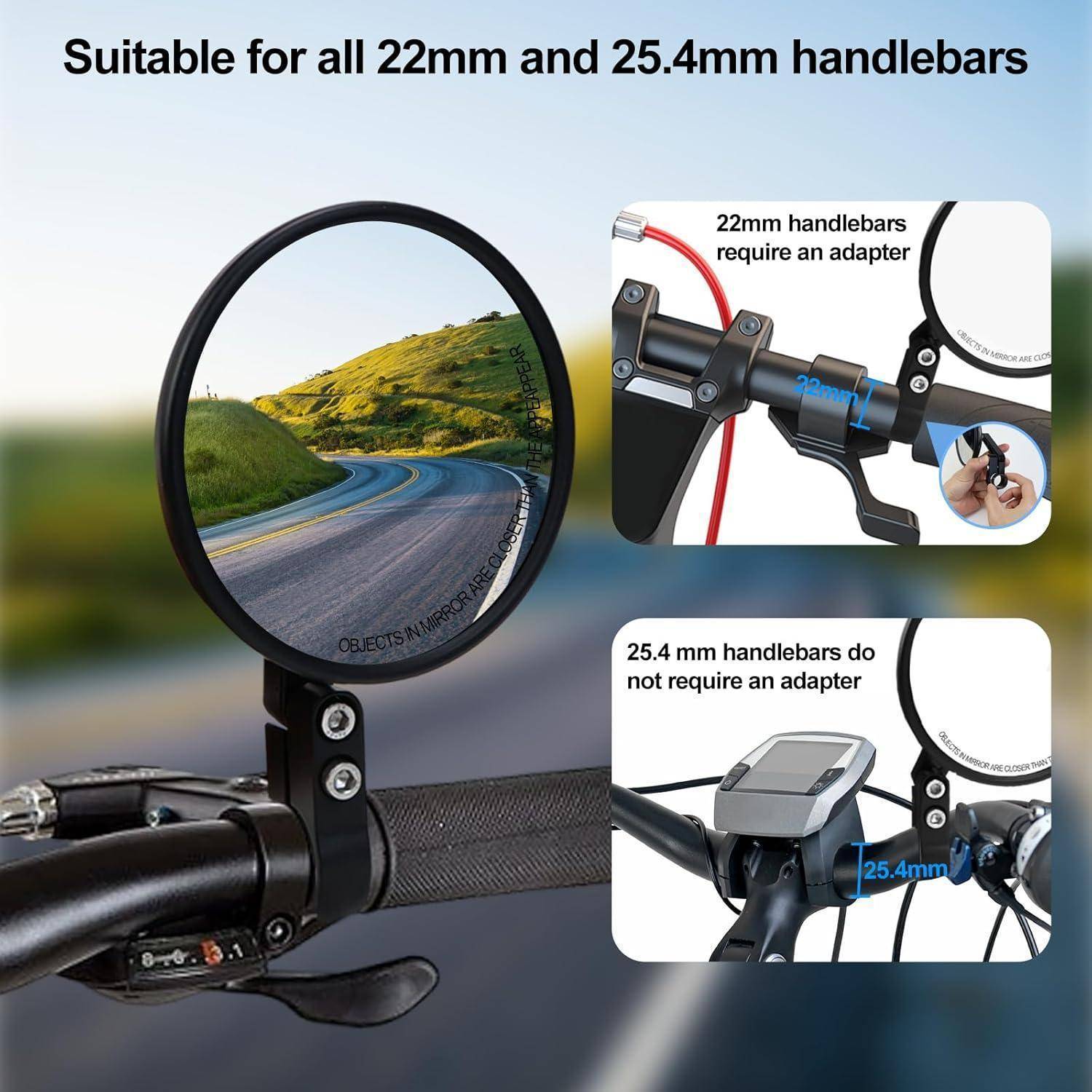 Abbildung eines Fahrradvorbau-Spiegels mit der Aufschrift „Geeignet für alle 22-mm- und 25,4-mm-Lenker